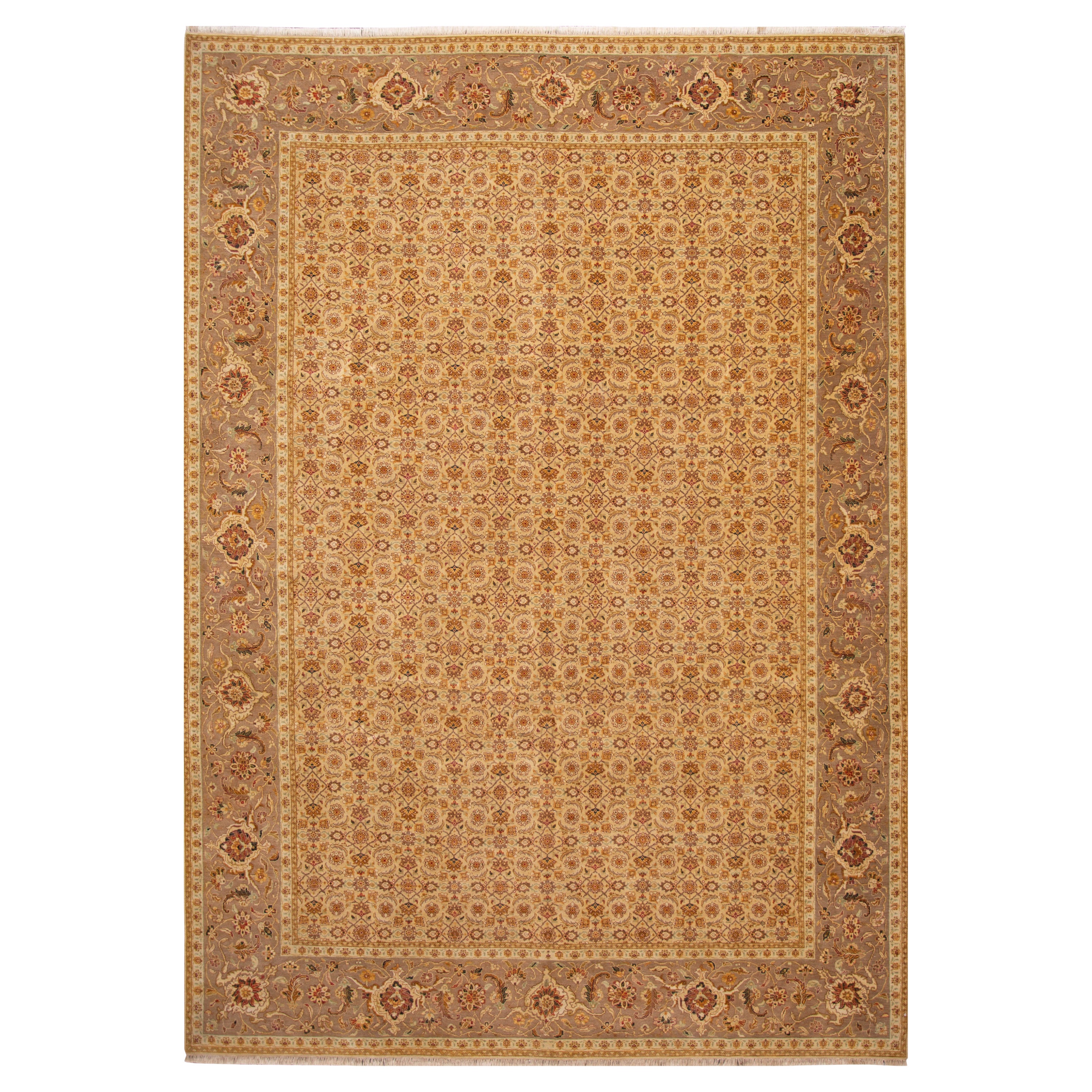 Tapis moderne en laine et soie beige de style Tabriz fait à la main avec motif floral