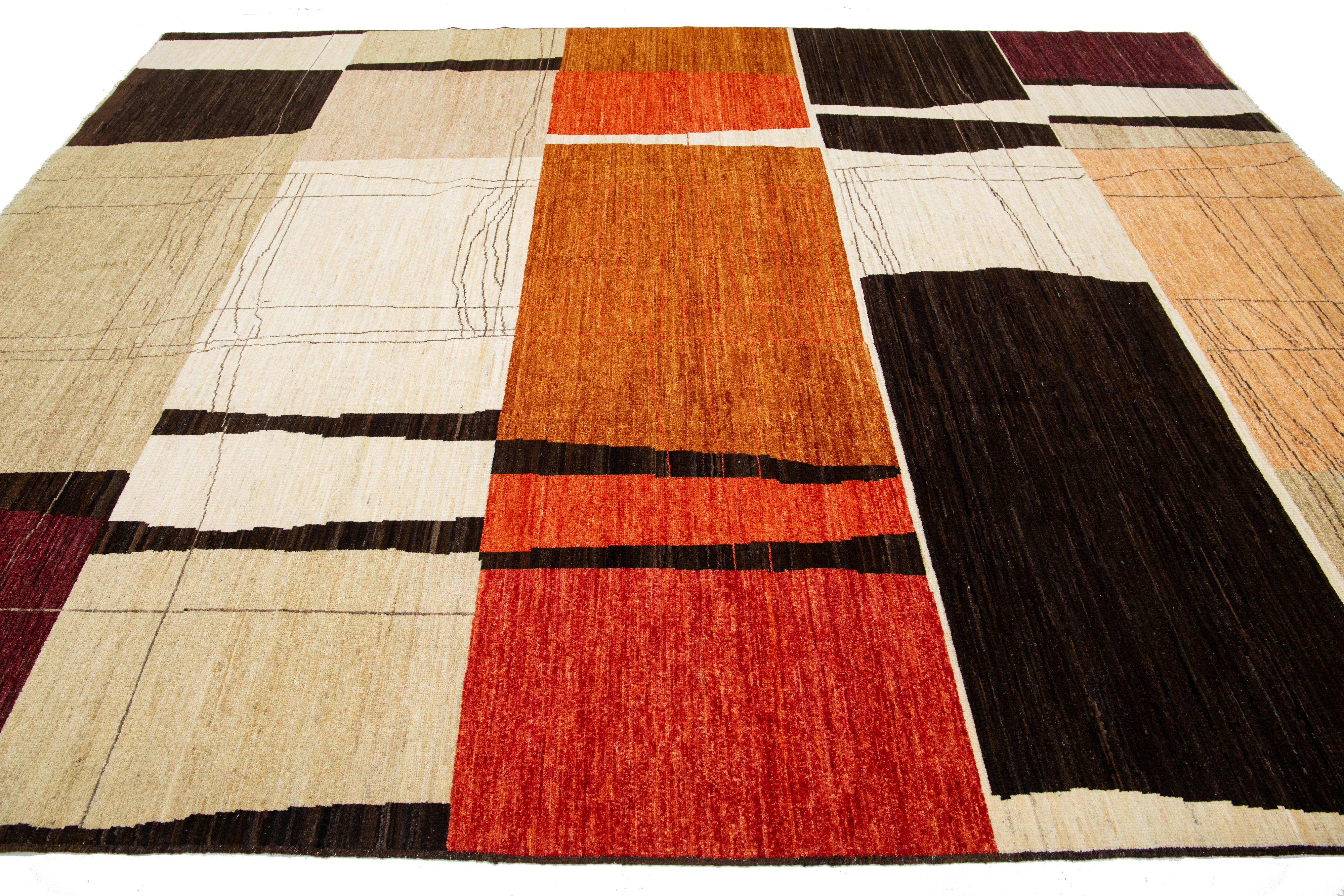 Hand-Knotted Handmade Modern Texture Wool Rug With Abstract Motif In Autumn Colors  For Sale