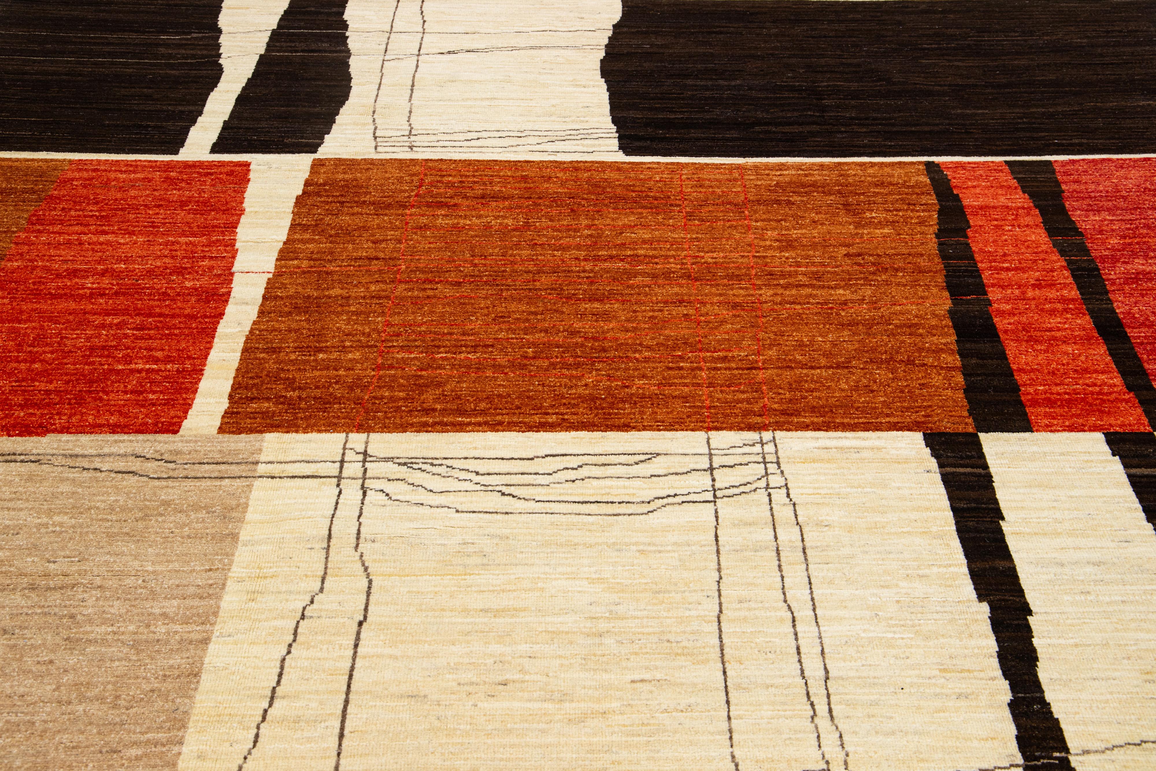 Contemporary Handmade Modern Texture Wool Rug With Abstract Motif In Autumn Colors  For Sale