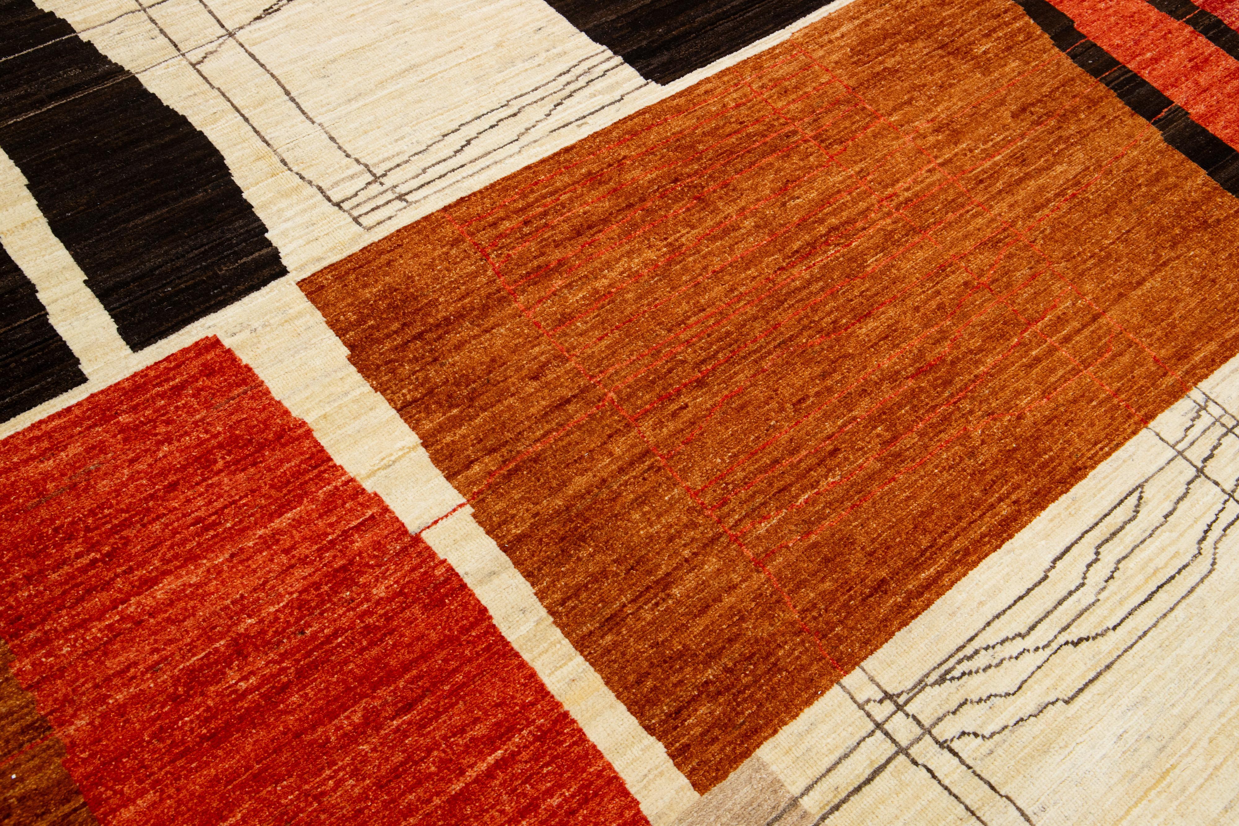 Handmade Modern Texture Wool Rug With Abstract Motif In Autumn Colors  For Sale 1
