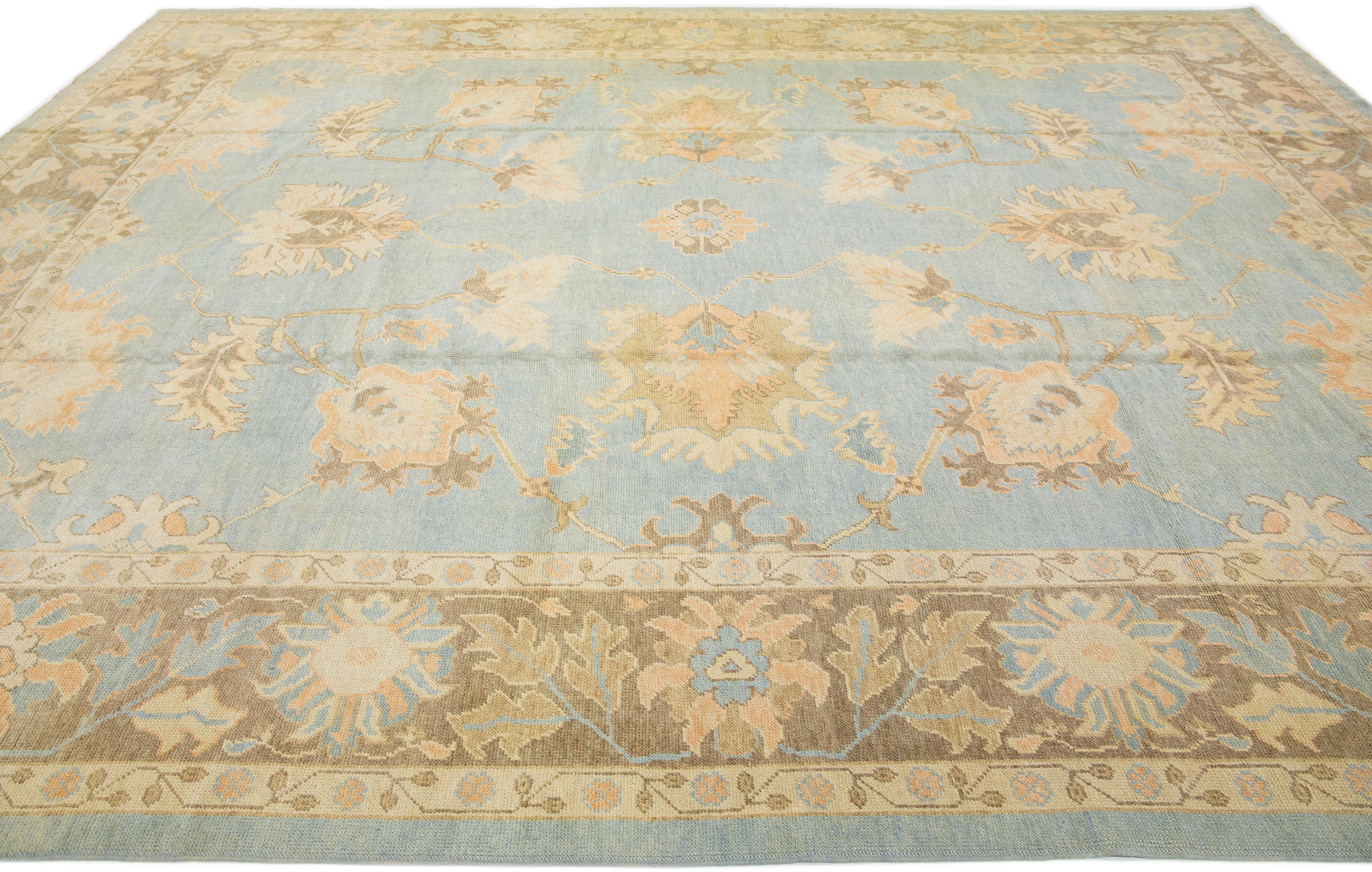Hand-Knotted Handmade Modern Turkish Blue Wool Rug with Floral Field For Sale