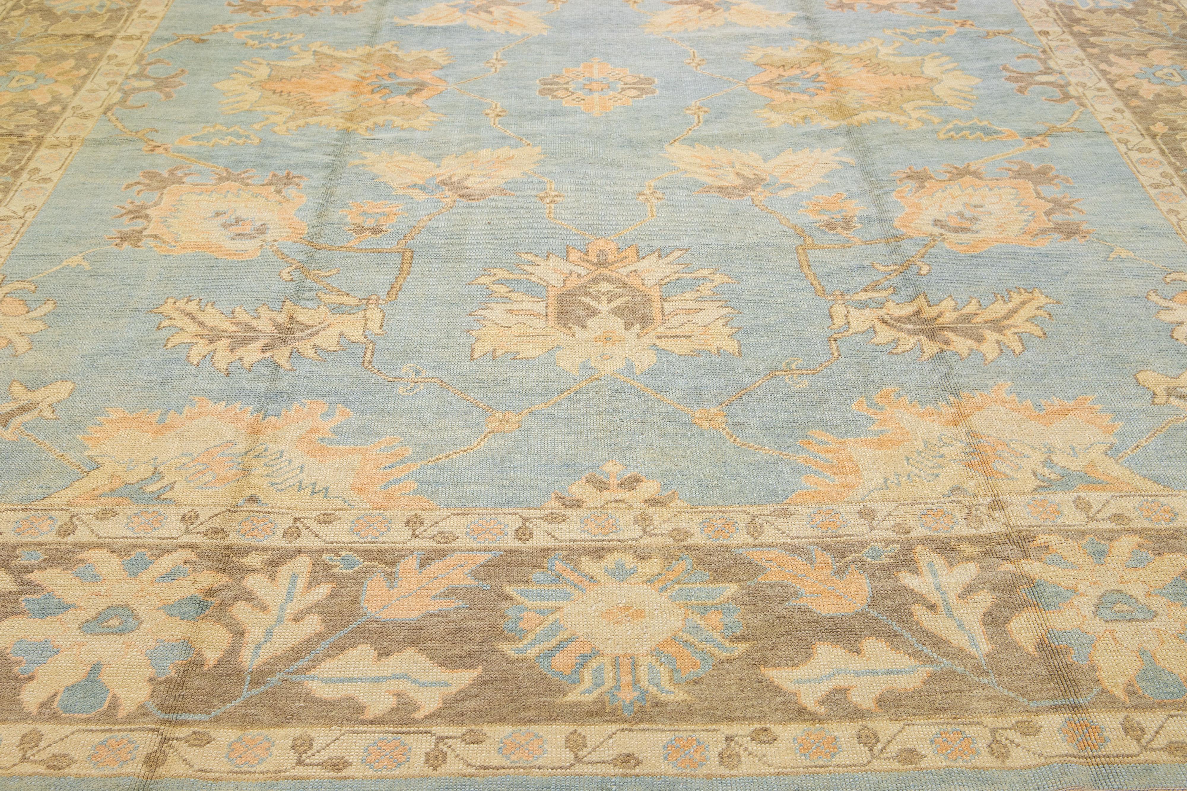 Contemporary Handmade Modern Turkish Blue Wool Rug with Floral Field For Sale
