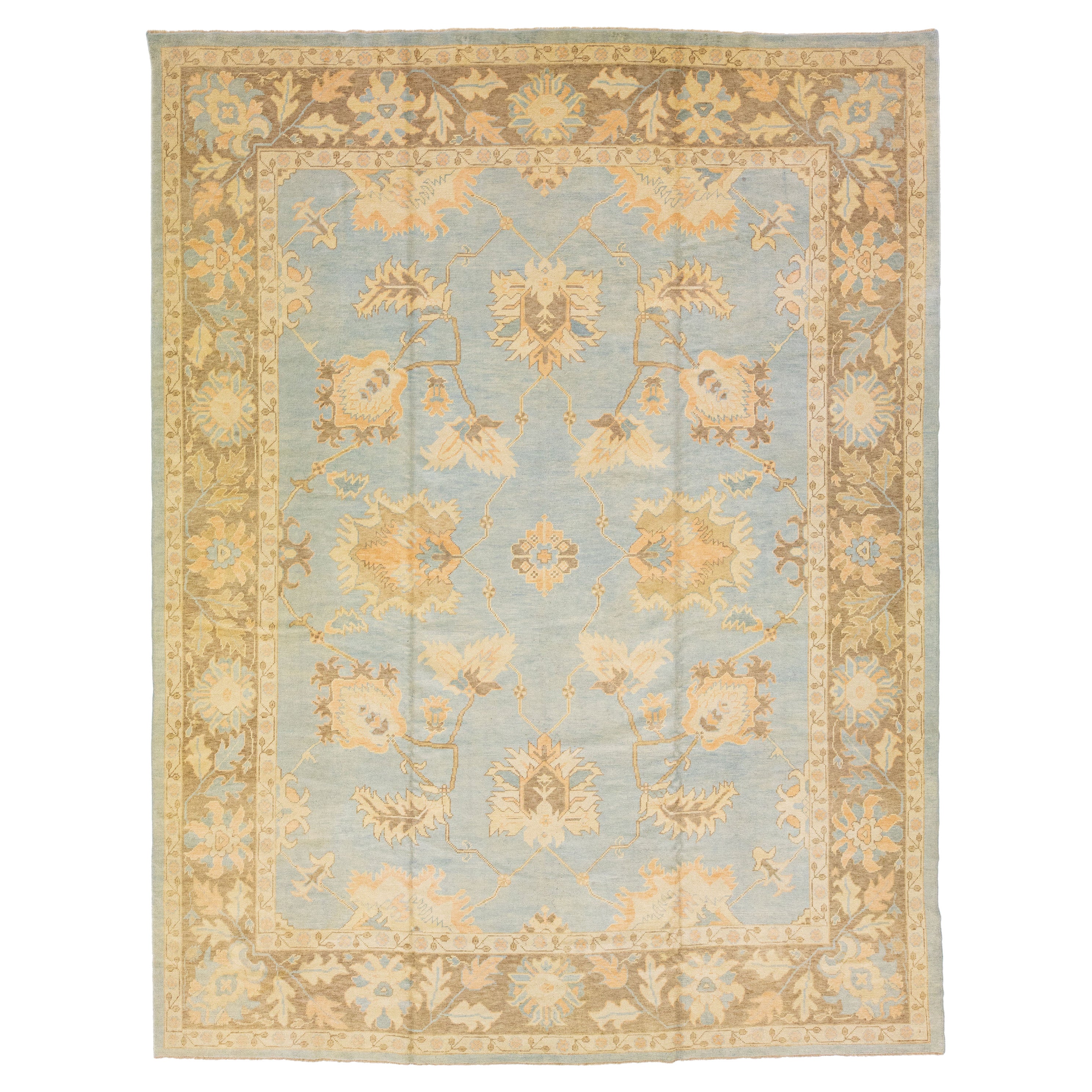 Tappeto moderno fatto a mano in lana blu turca con campo floreale