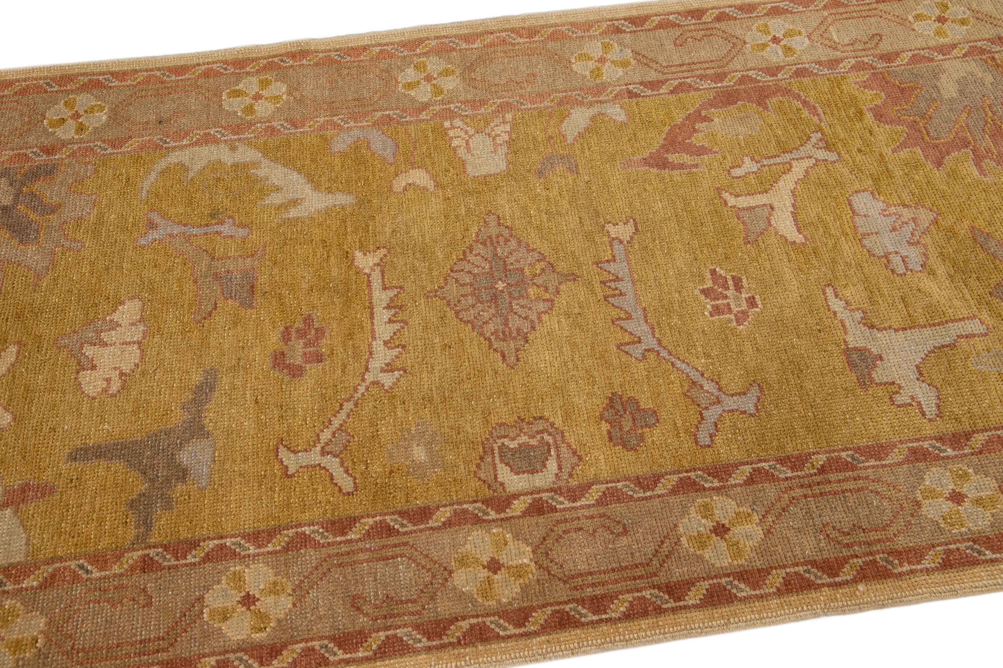 Hand-Knotted Handmade Modern Turkish Oushak Floral Wool Rug In Goldenrod Motif For Sale