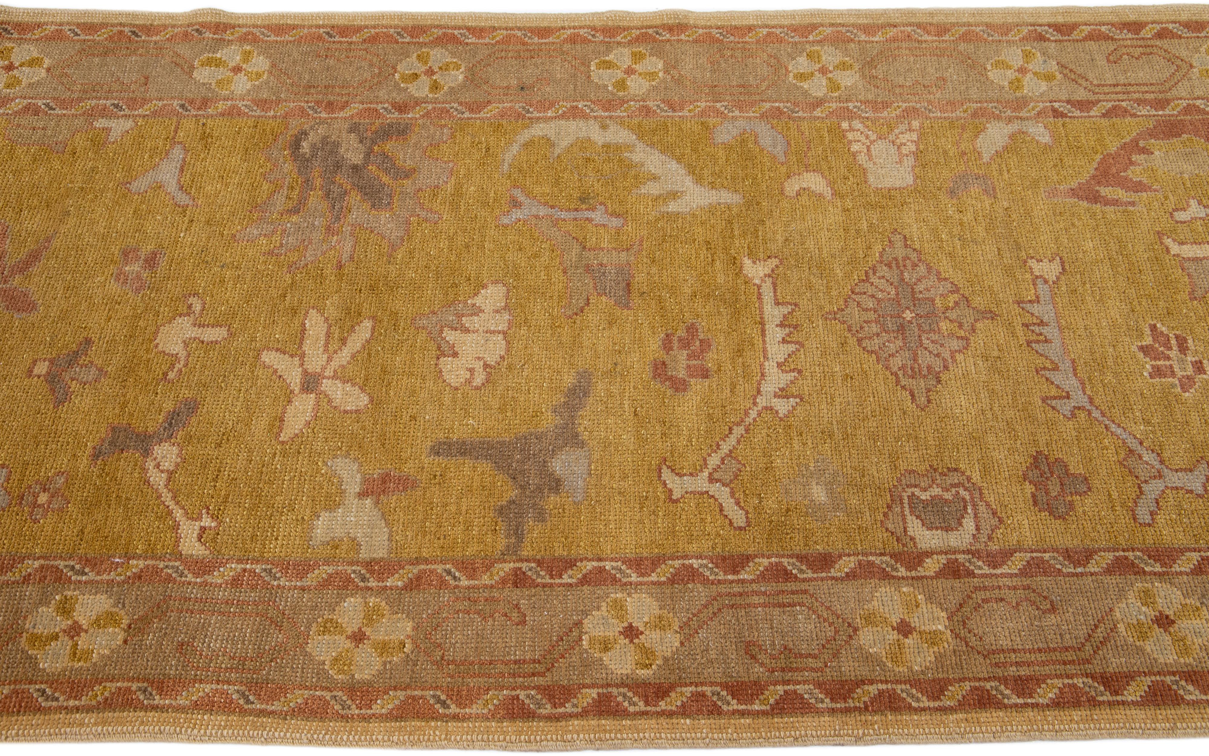 Contemporary Handmade Modern Turkish Oushak Floral Wool Rug In Goldenrod Motif For Sale