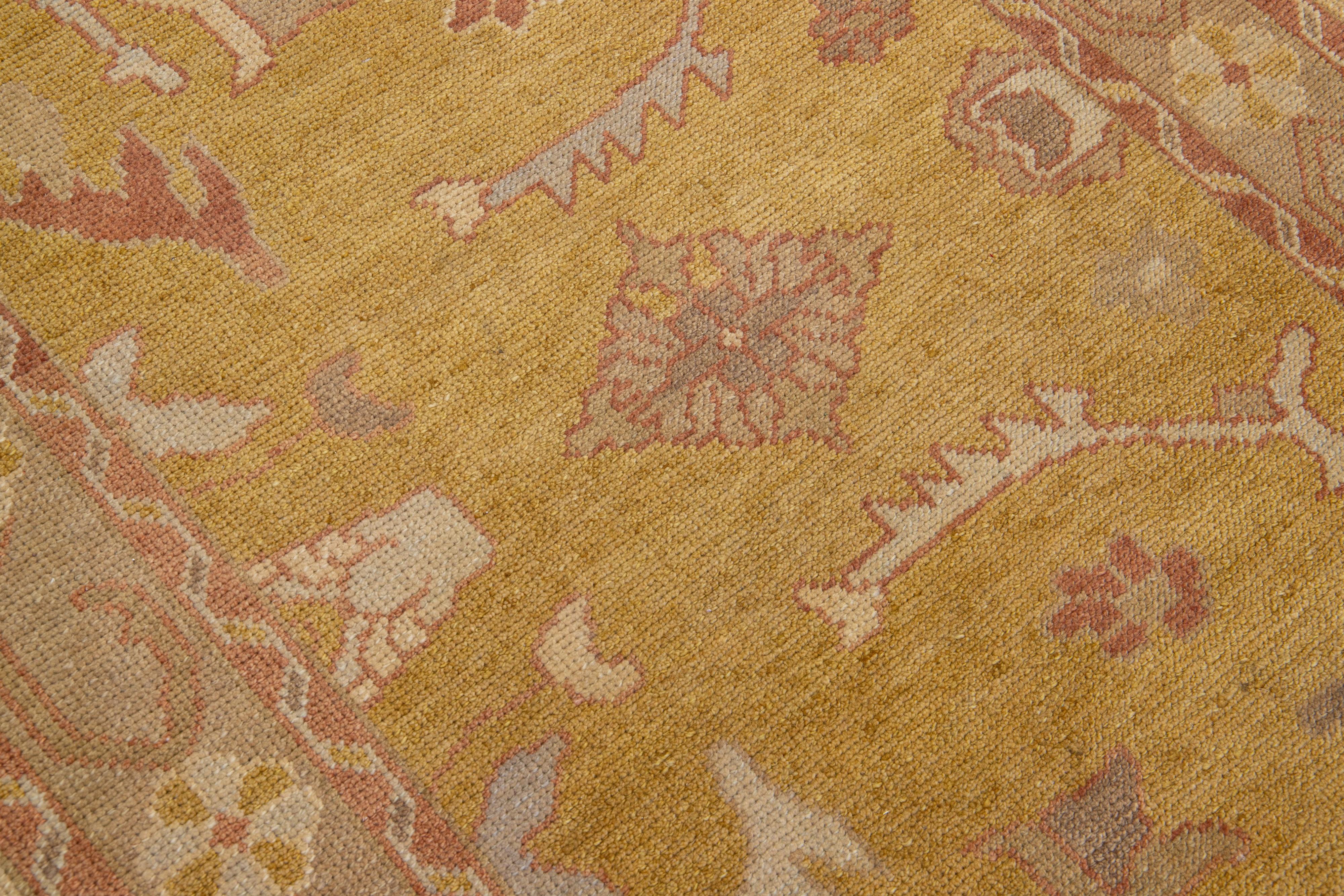 Handmade Modern Turkish Oushak Floral Wool Rug In Goldenrod Motif For Sale 1