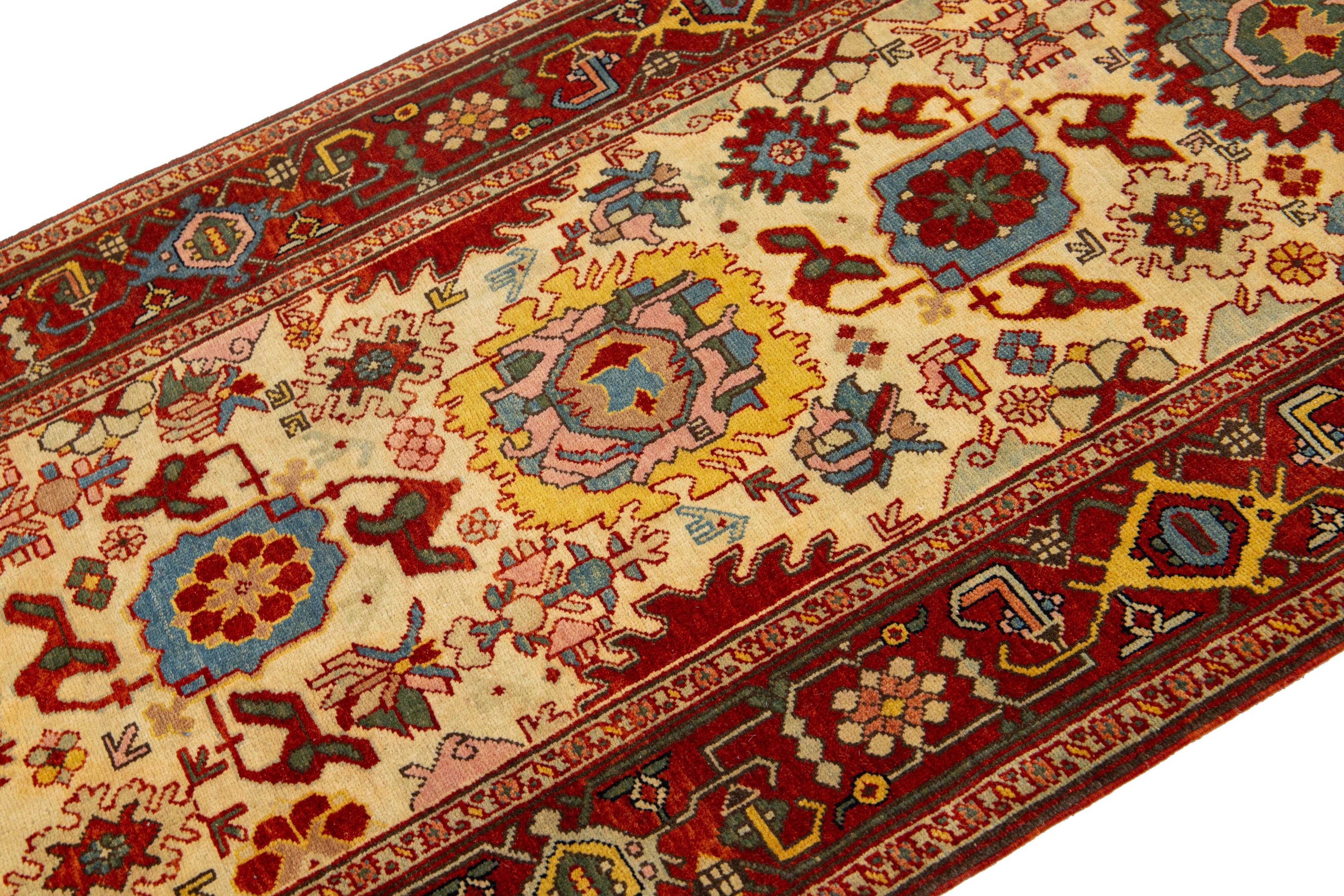 Hand-Knotted Handmade Modern Turkish Oushak Wool Runner With Multicolor Floral Design For Sale