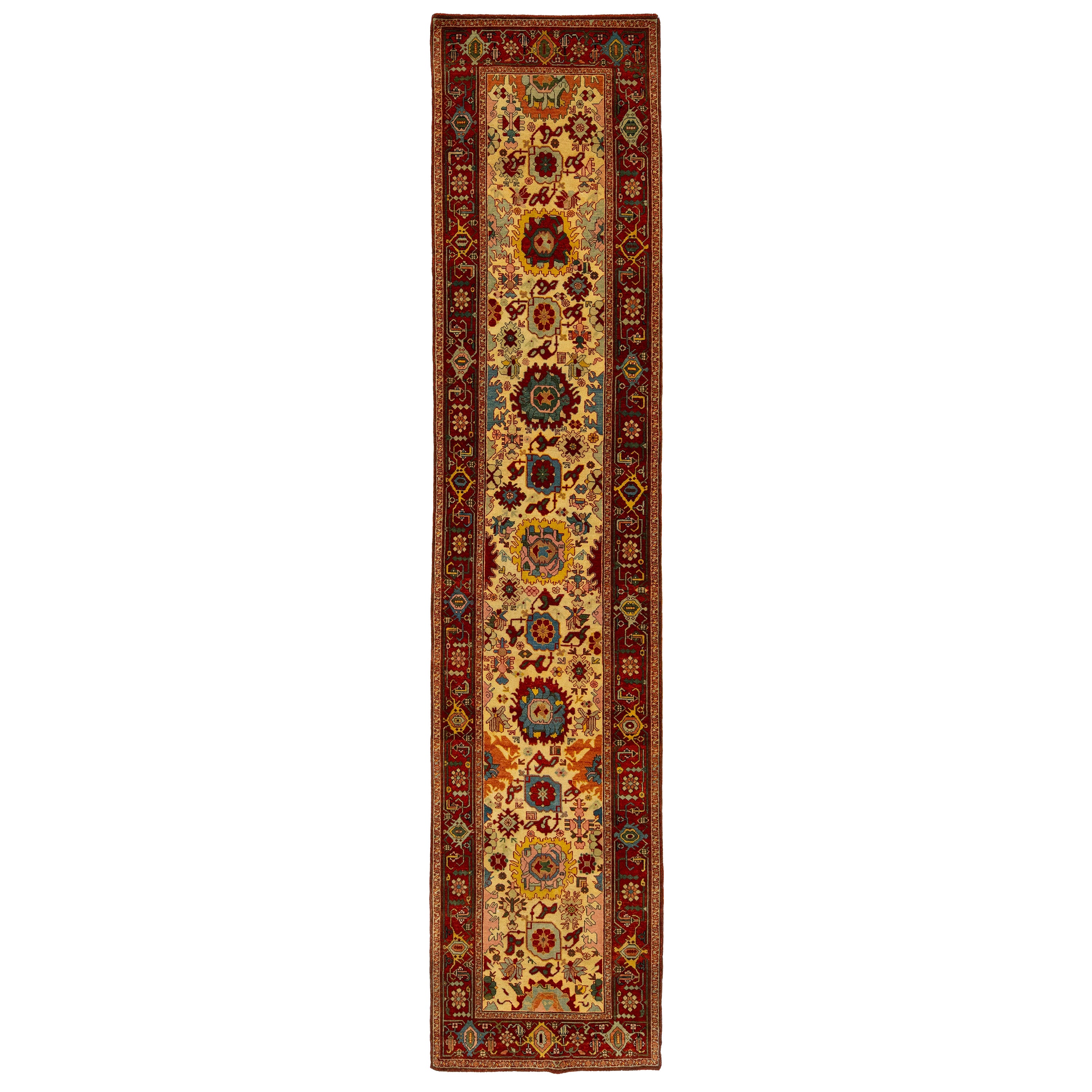 Runner in lana Oushak turco moderno fatto a mano con disegno floreale multicolore in vendita