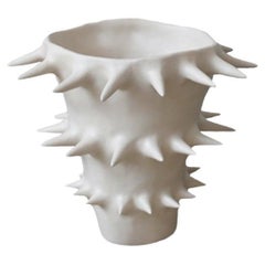 Handmade Modern White Matte Tall Ceramic Vase with Spikes