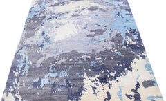 Handgefertigter moderner Teppich aus Wolle und Seide mit grauem und blauem Abstact-Design