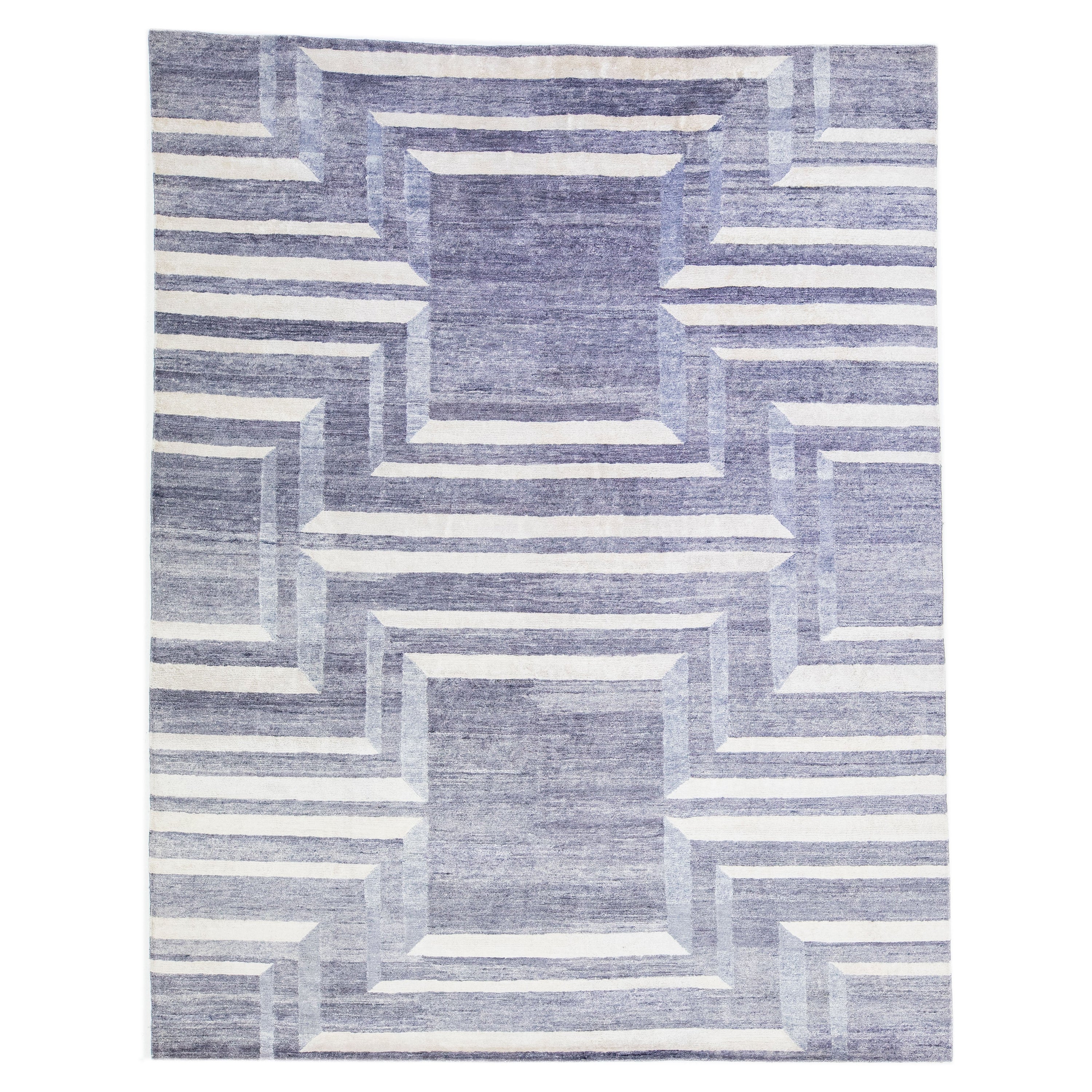 Tapis moderne en laine et soie fait à la main avec un design géométrique gris