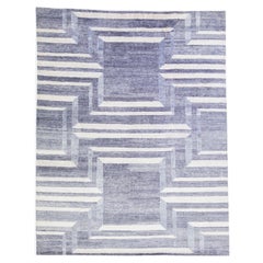 Tapis moderne en laine et soie fait à la main avec un design géométrique gris
