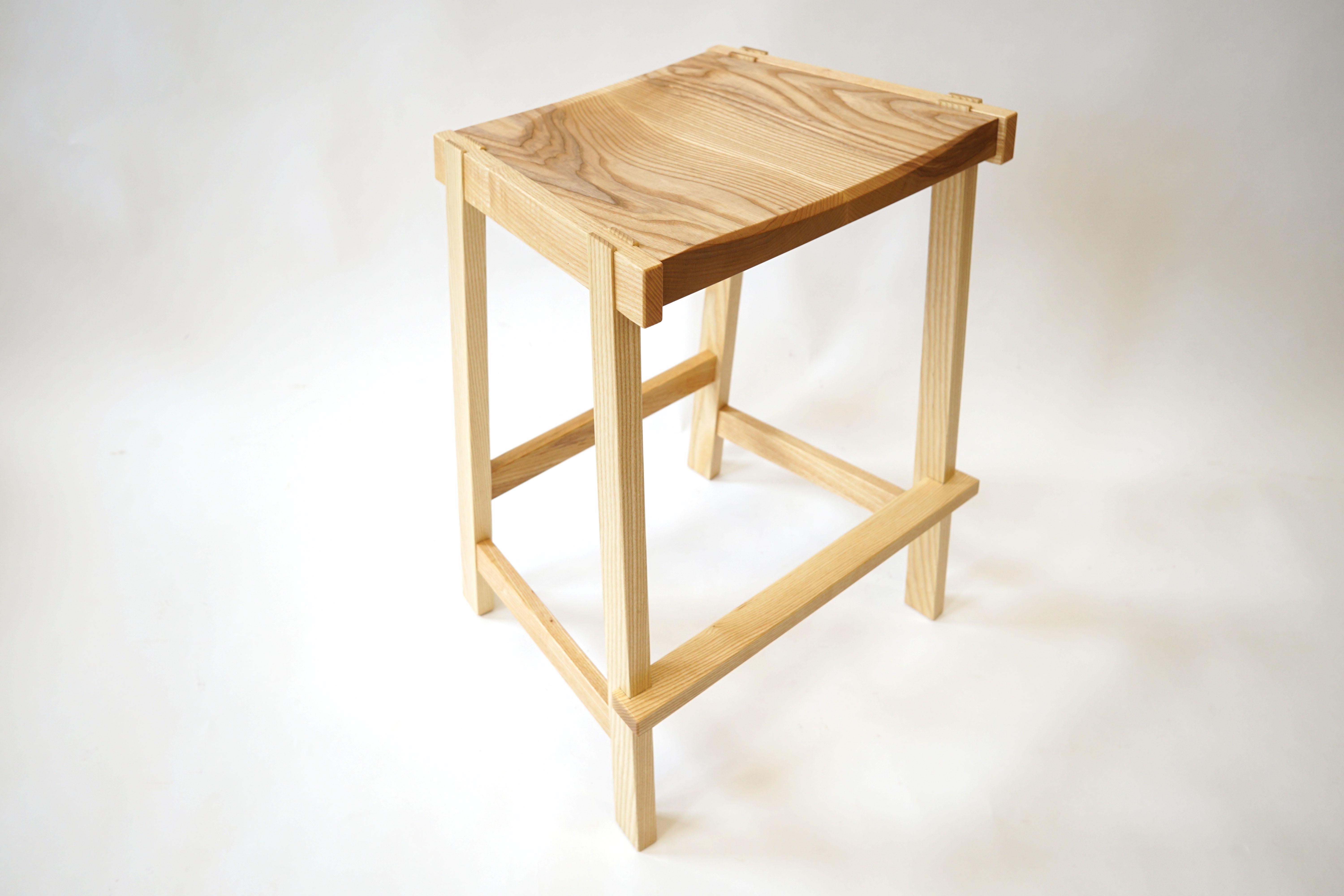 Montrose Stool in Ash, Exposed Joinery with a Hand Carved Seat For Sale 3