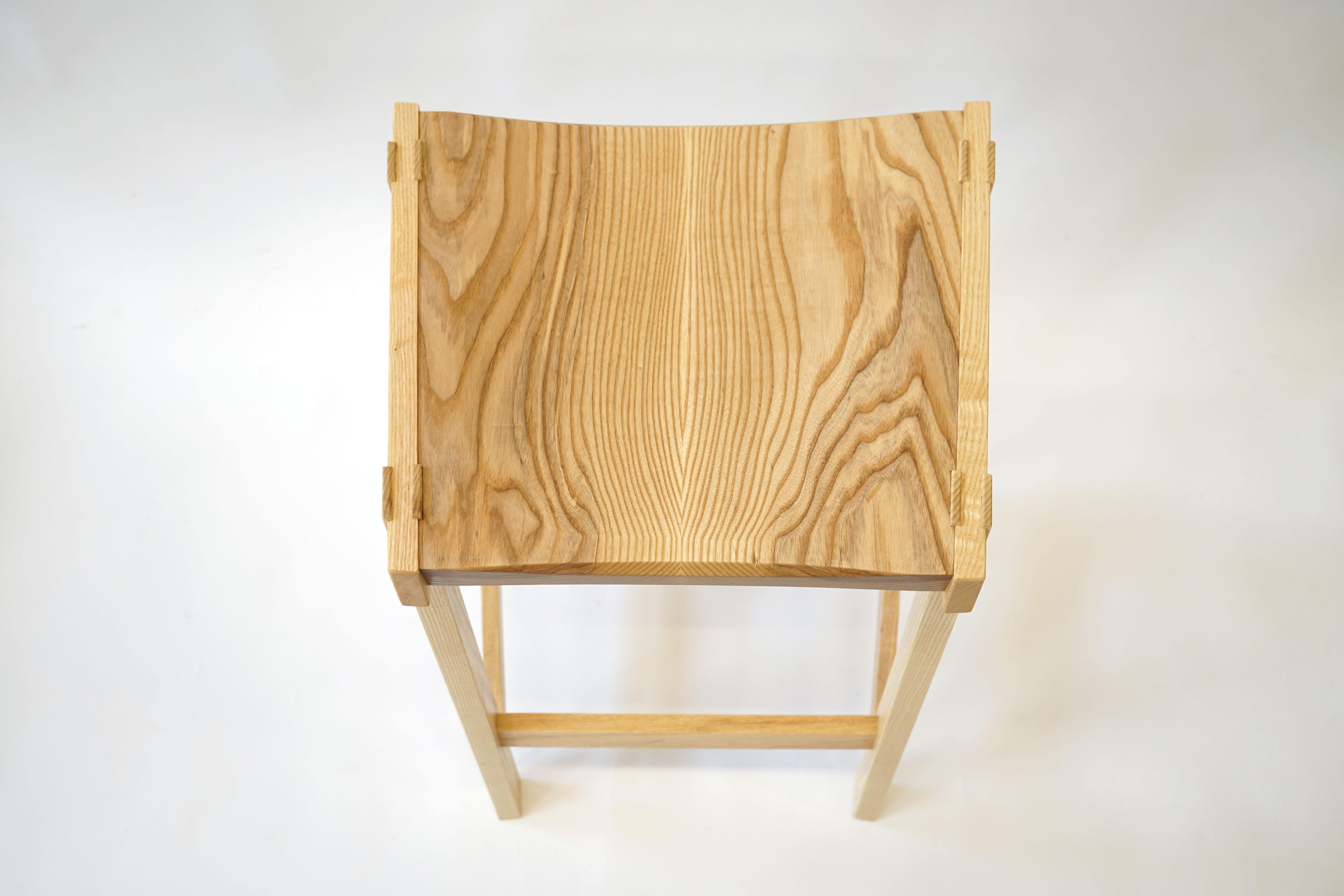 Montrose Stool in Ash, Exposed Joinery with a Hand Carved Seat For Sale 6