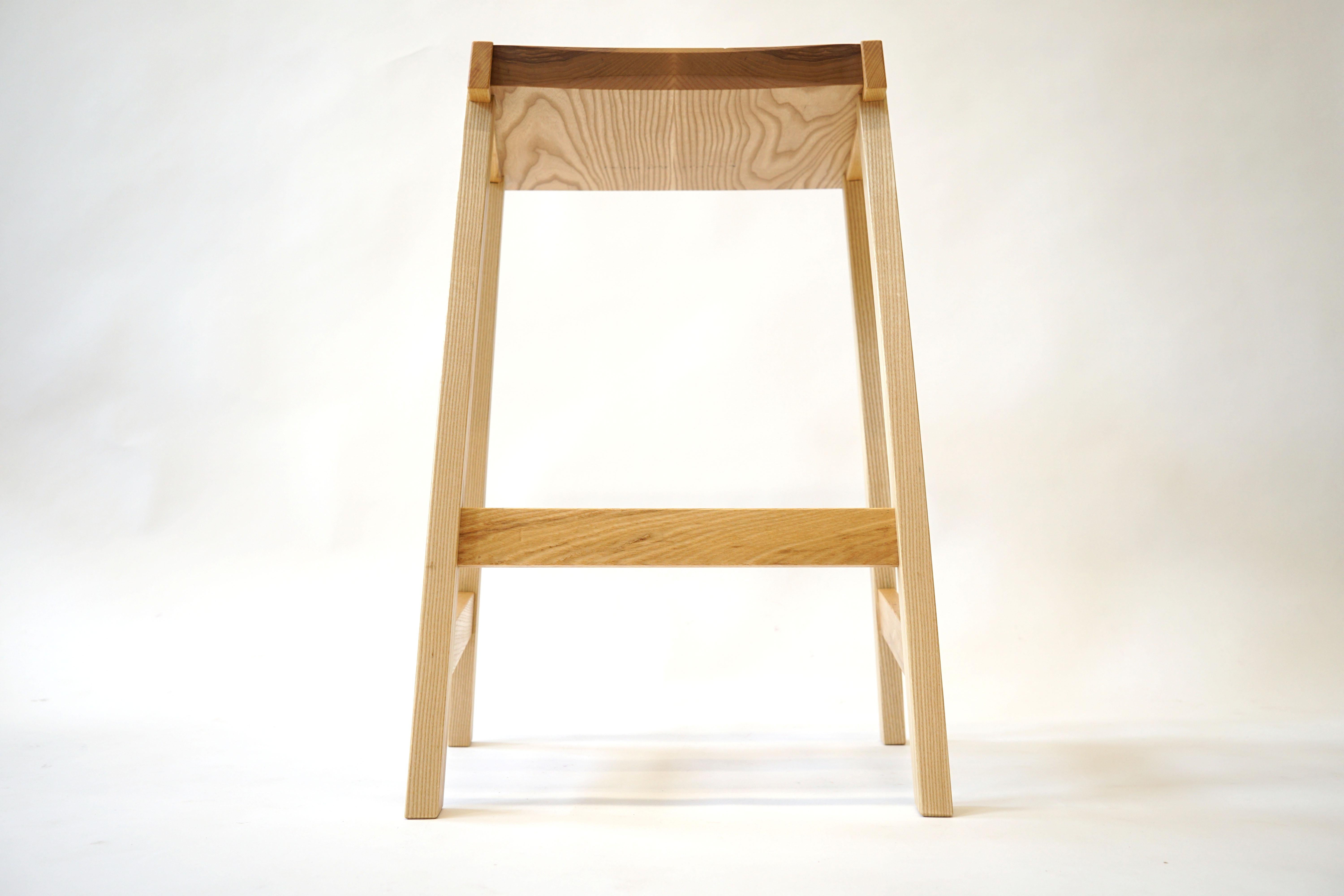 Hand-Crafted Montrose Stool in Ash, Exposed Joinery with a Hand Carved Seat For Sale