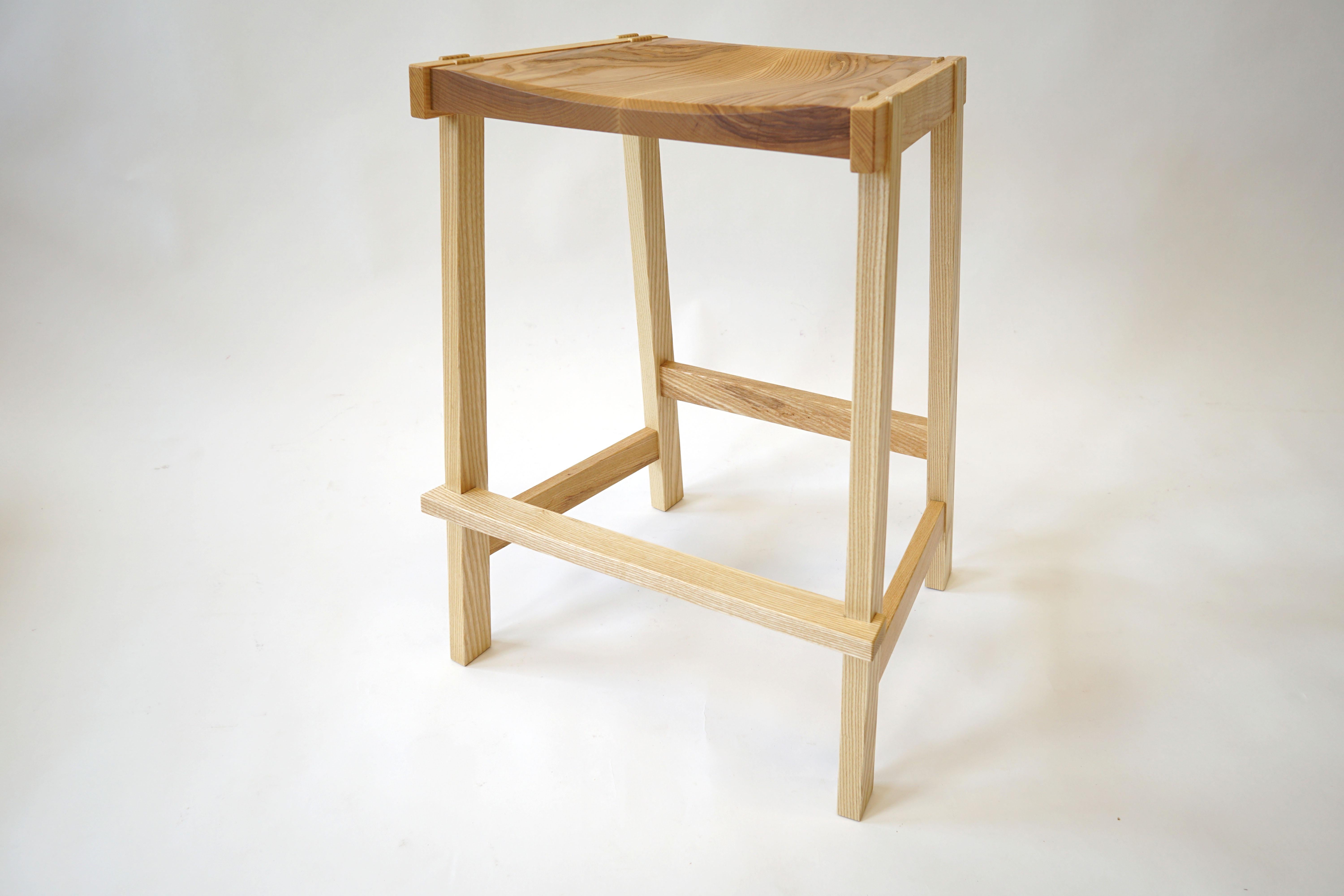 Contemporary Montrose Stool in Ash, Exposed Joinery with a Hand Carved Seat For Sale