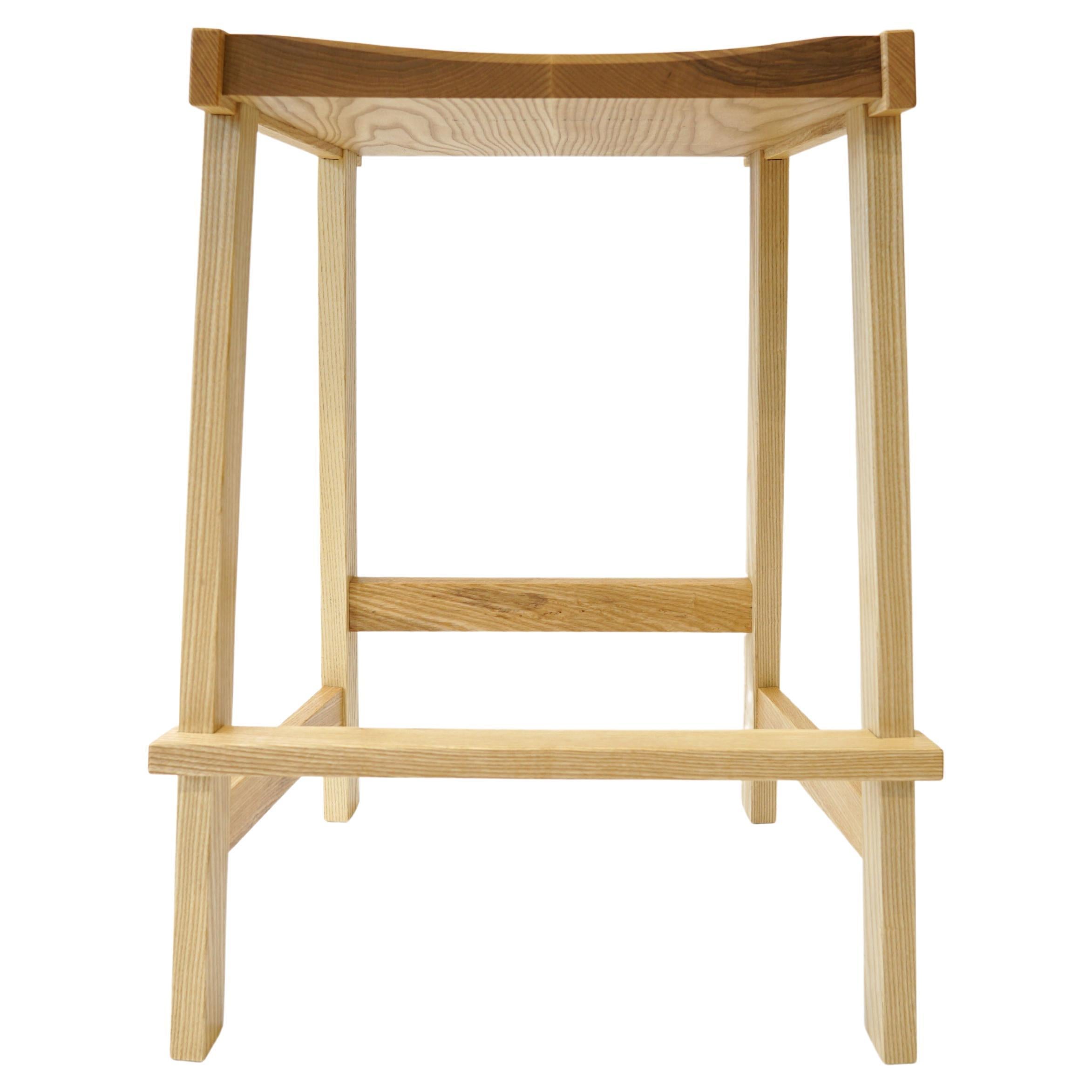 Montrose Stool in Ash, Exposed Joinery with a Hand Carved Seat For Sale