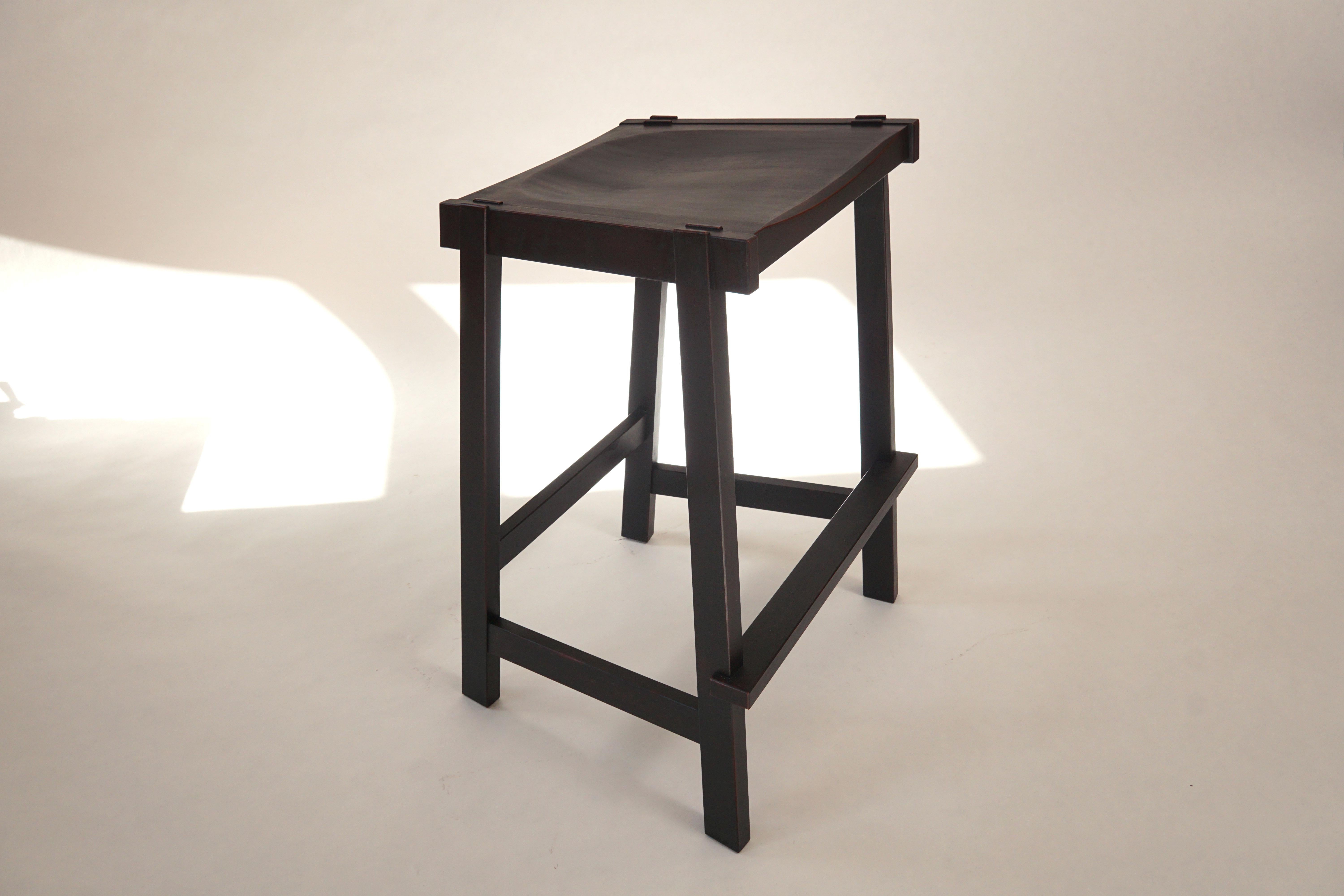 Montrose Stool, Black on Red Milkpaint, Exposed Joinery with a Hand Carved Seat For Sale 5