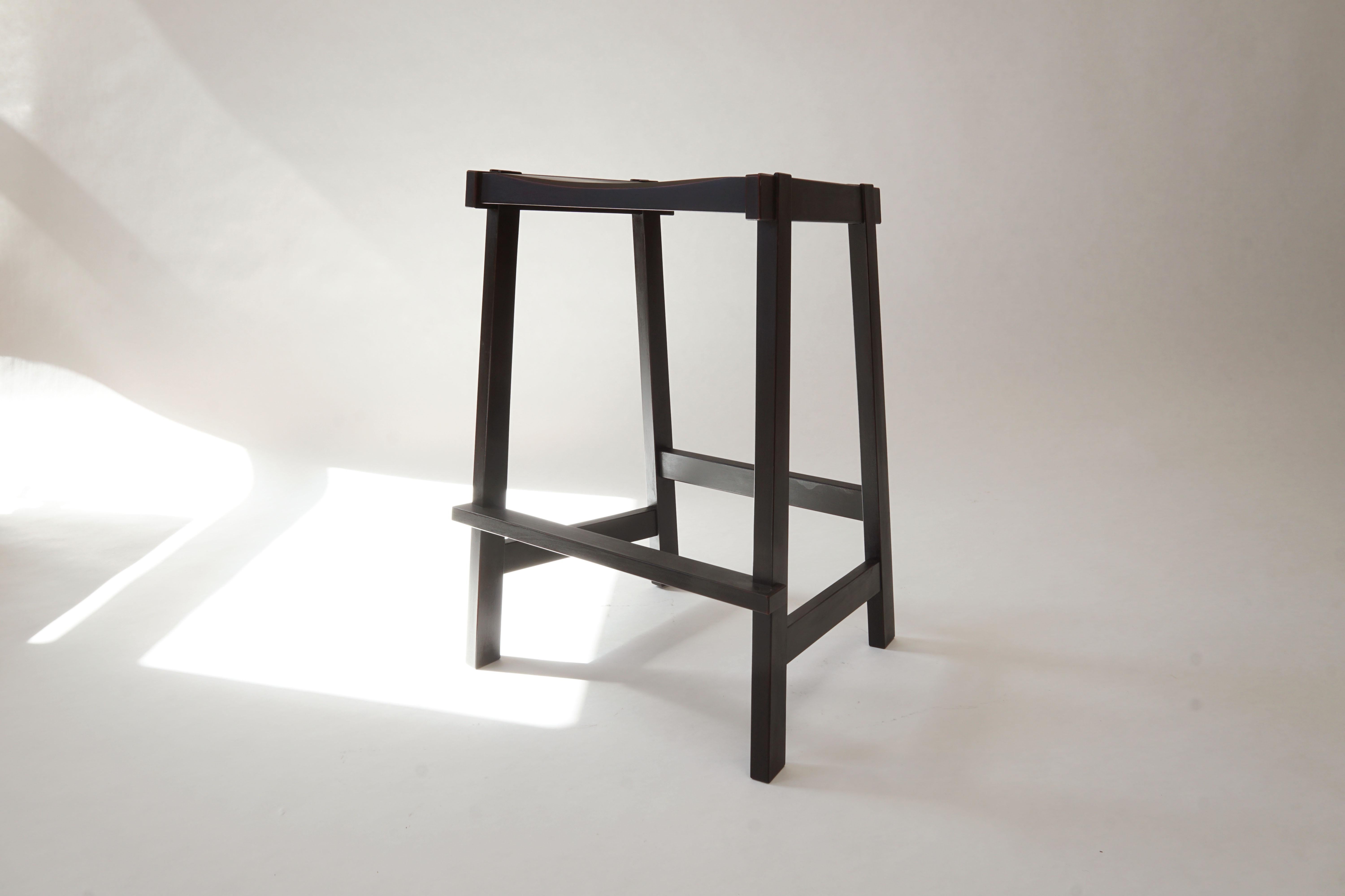 Montrose Stool, Black on Red Milkpaint, Exposed Joinery with a Hand Carved Seat For Sale 9