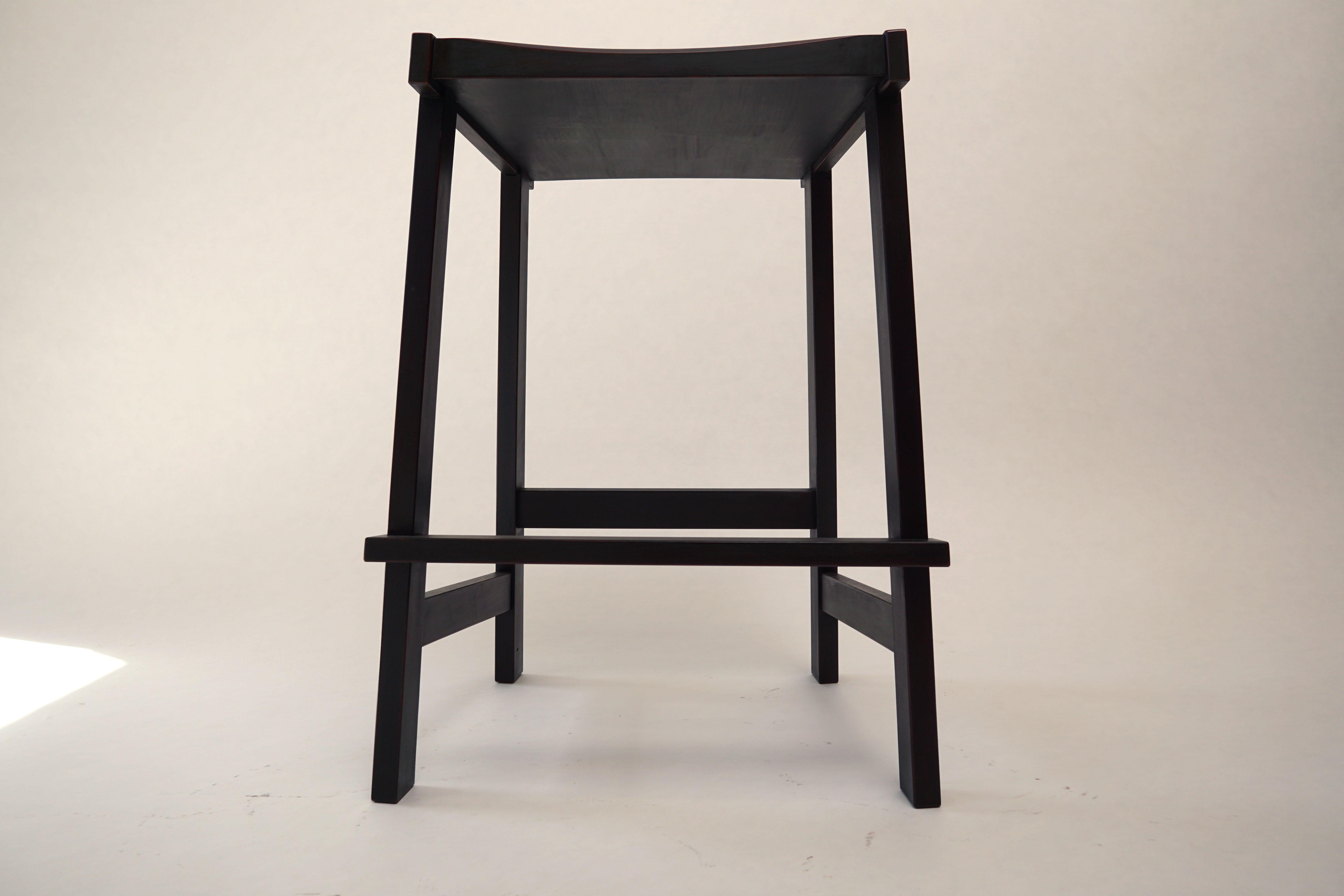 Poplar Montrose Stool, Black on Red Milkpaint, Exposed Joinery with a Hand Carved Seat For Sale