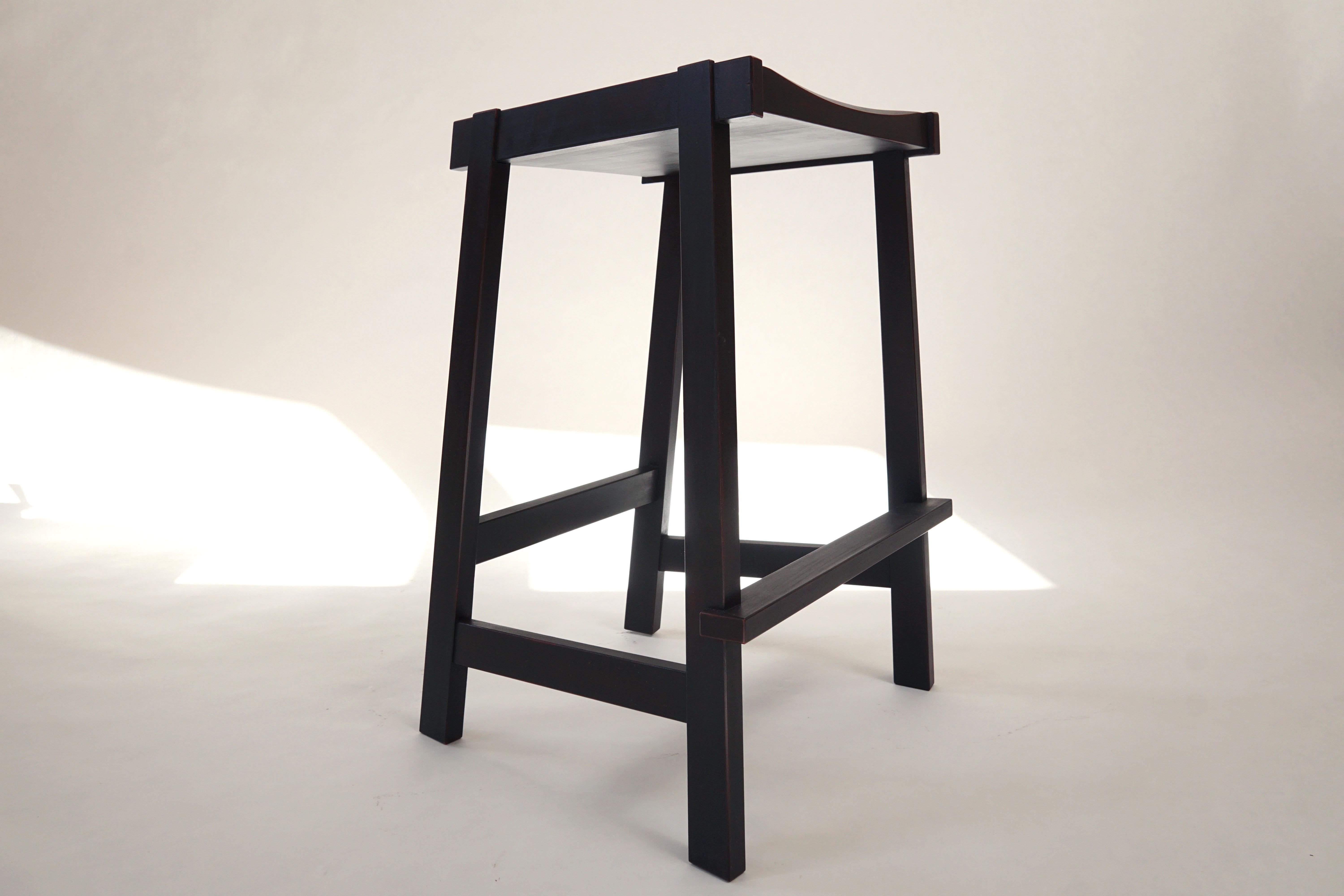 Montrose Stool, Black on Red Milkpaint, Exposed Joinery with a Hand Carved Seat For Sale 2