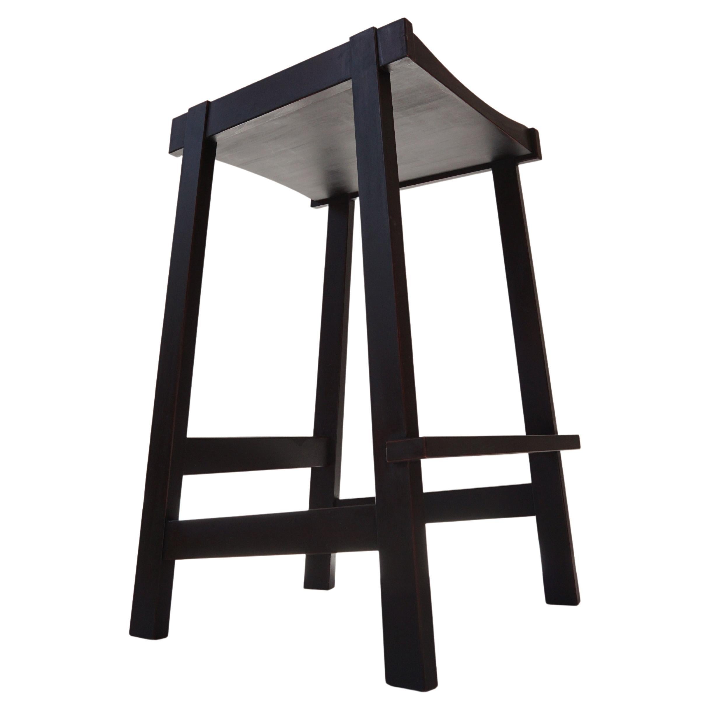 Montrose Stool, Black on Red Milkpaint, Exposed Joinery with a Hand Carved Seat For Sale