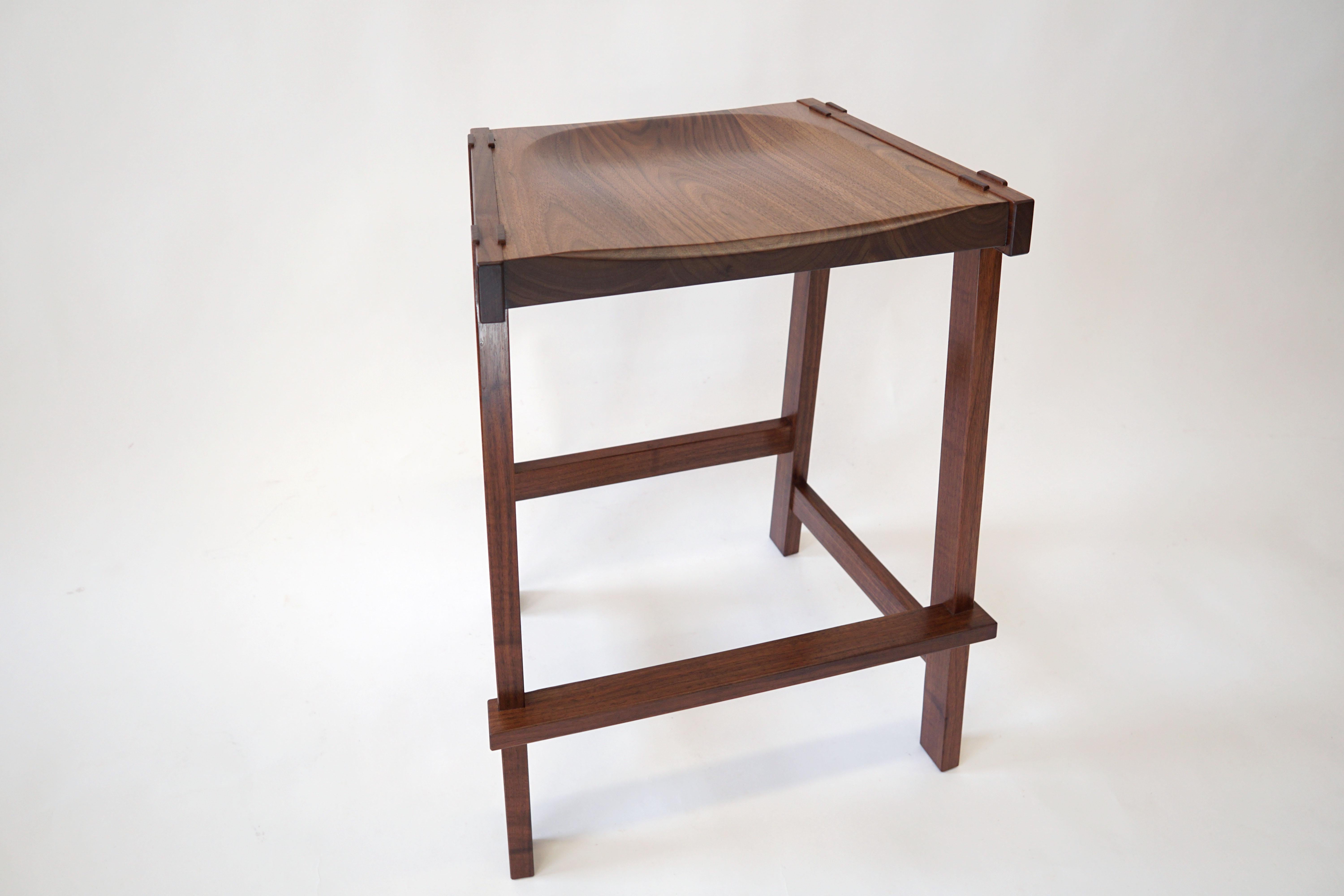 Montrose Stool in Walnut, Exposed Joinery with a Hand Carved Seat For Sale 8