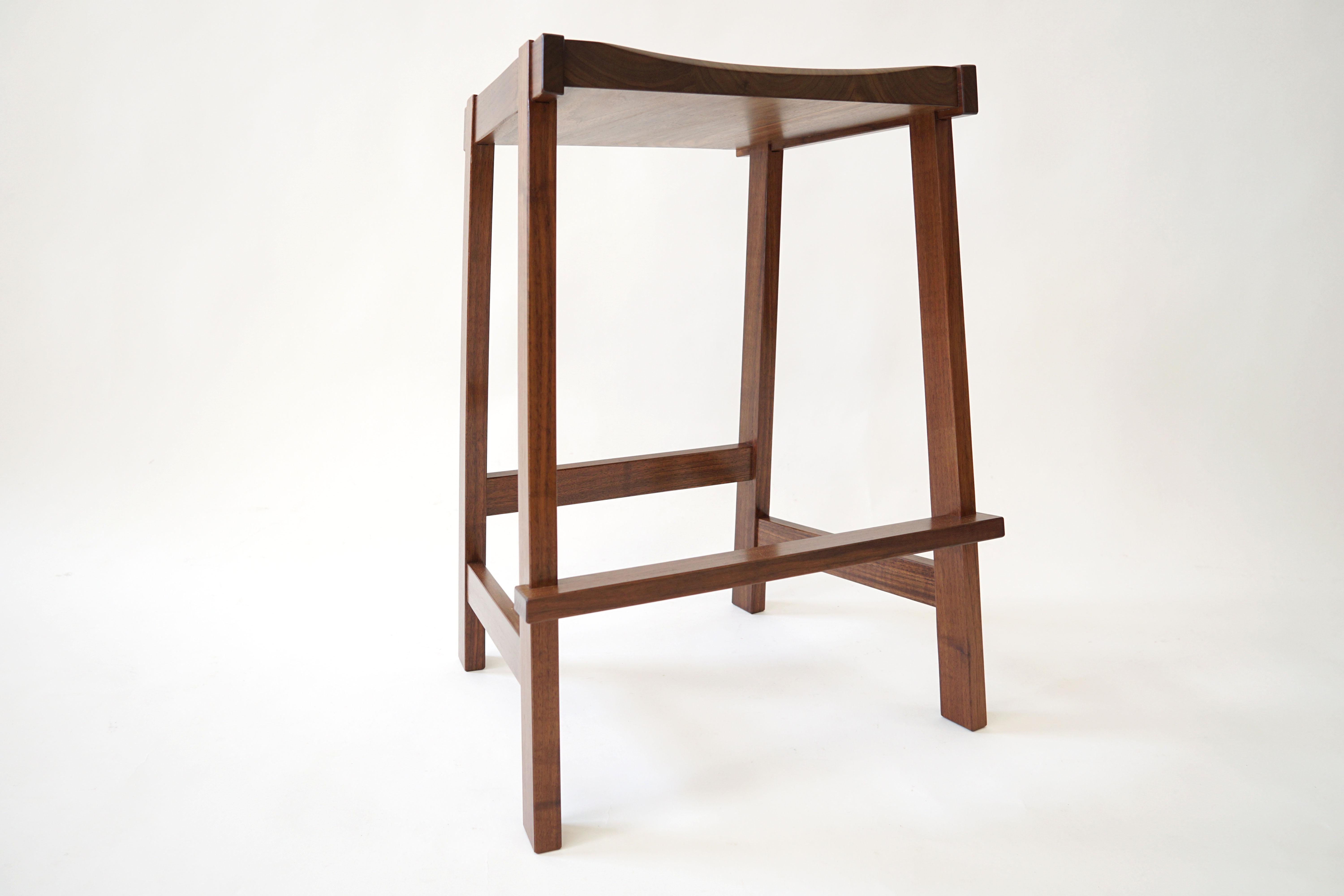 American Montrose Stool in Walnut, Exposed Joinery with a Hand Carved Seat For Sale