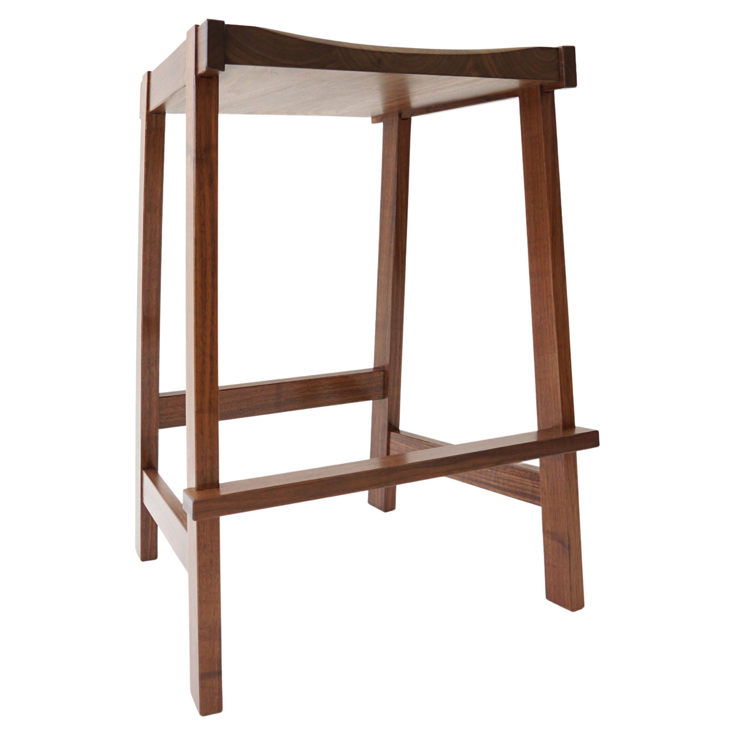 Montrose Stool in Walnut, Exposed Joinery with a Hand Carved Seat For Sale