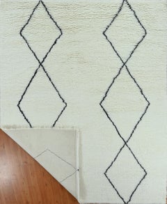 Handmade Moroccan Berber Style Minimal Wool Rug Ivory with Black Diamond Motif