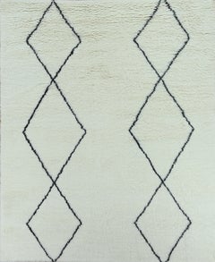 Handmade Moroccan Berber Style Minimal Wool Rug Ivory with Black Diamond Motif