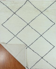 Handmade Moroccan Berber Style Wool Rug in Ivory with Black Diamond Lattice