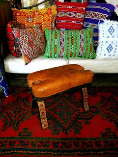 Handmade Moroccan Camel Saddle, Dark Tan Leather Cushion