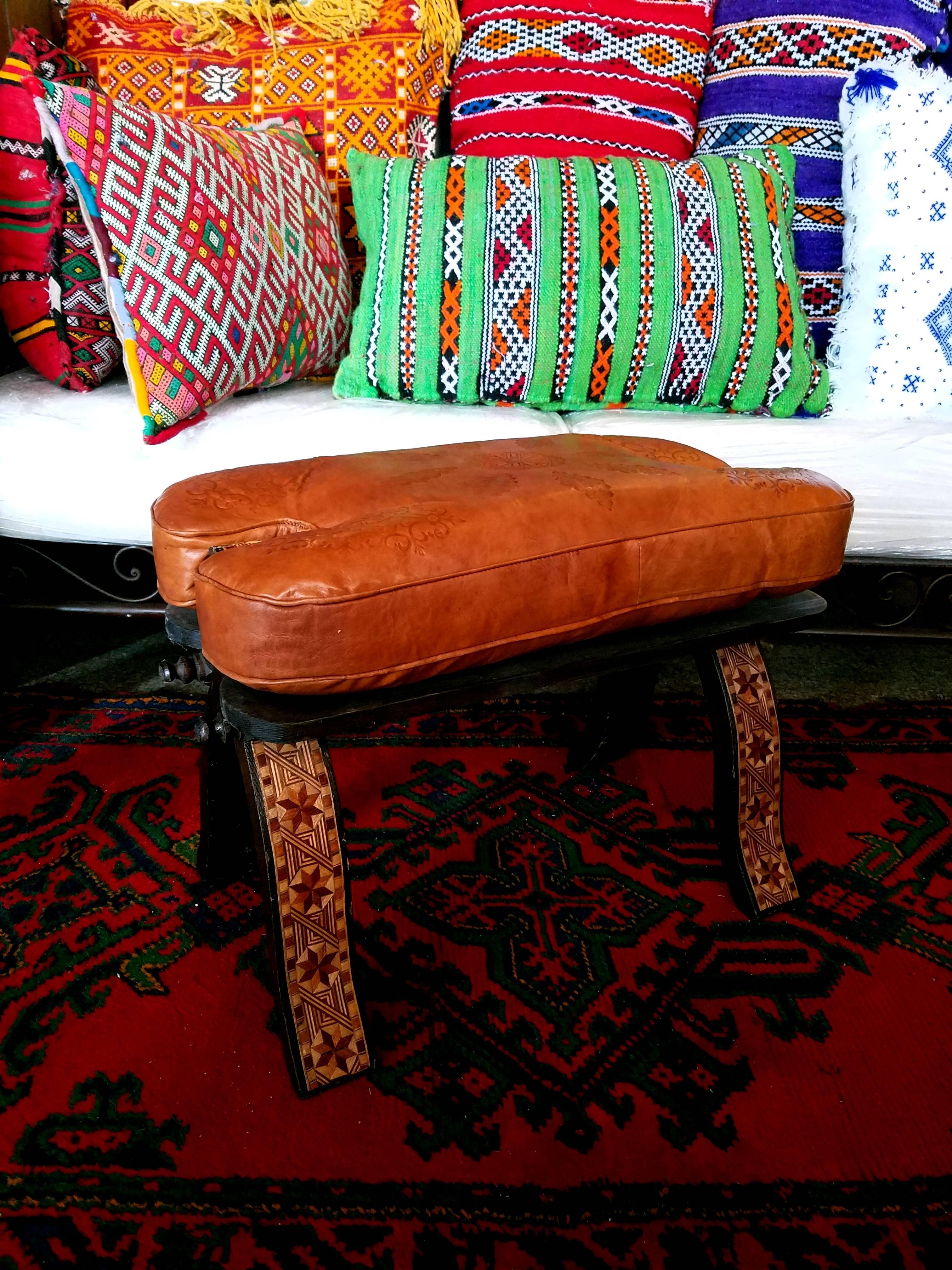 Handmade Moroccan Camel Saddle, Dark Tan Leather Cushion For Sale 1