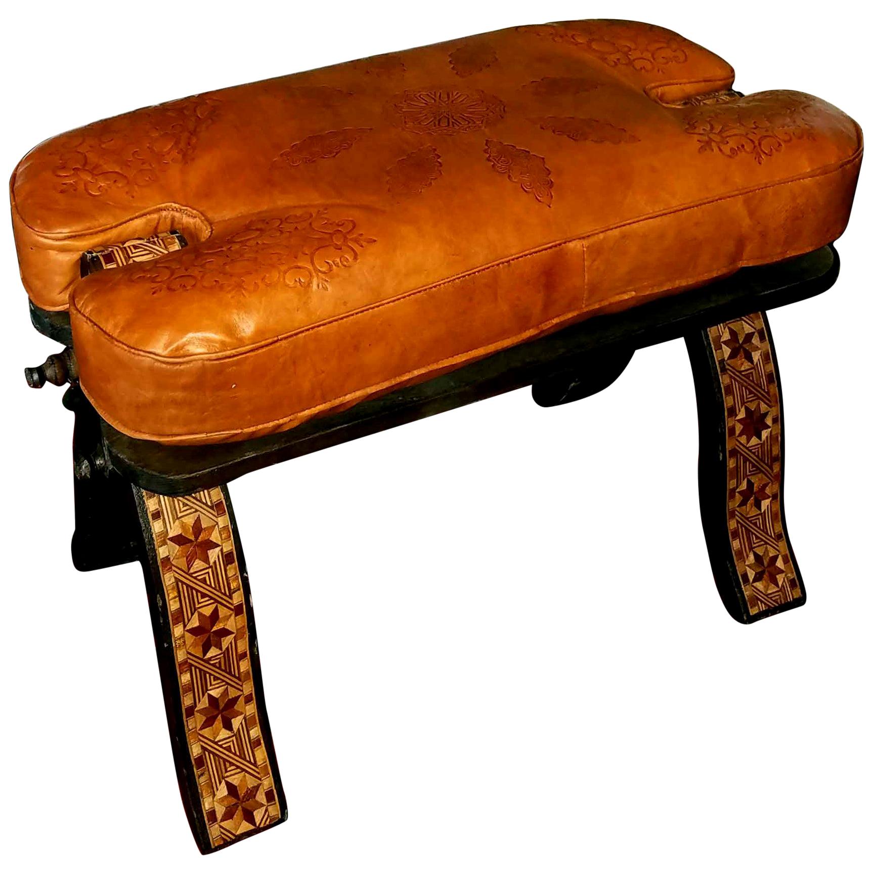 Handmade Moroccan Camel Saddle, Dark Tan Leather Cushion For Sale