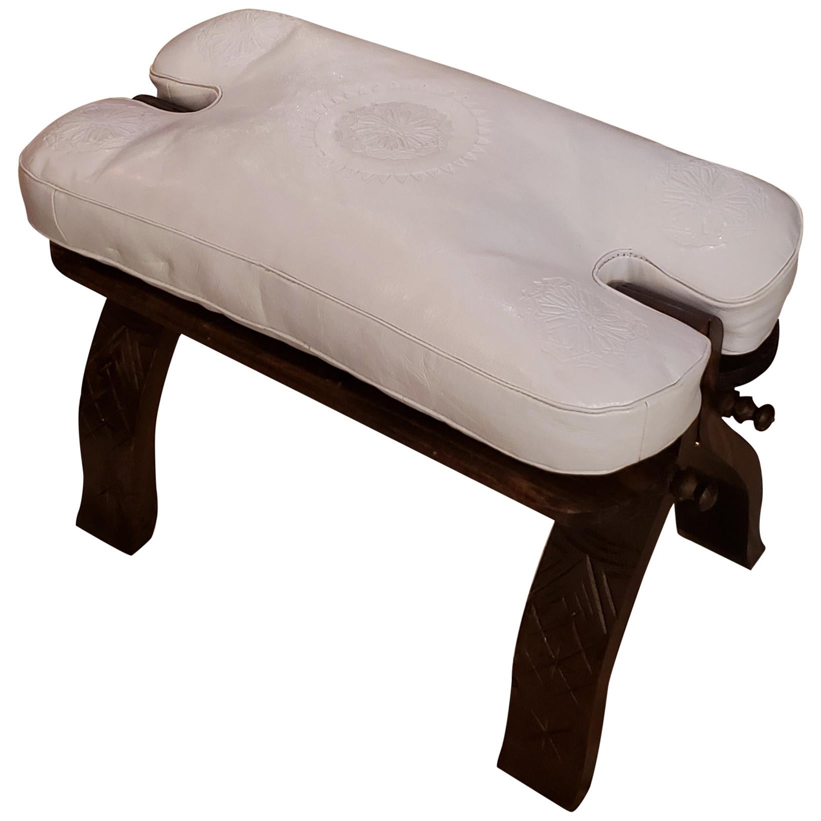 Handmade Moroccan Camel Seat, Bright White Cushion For Sale