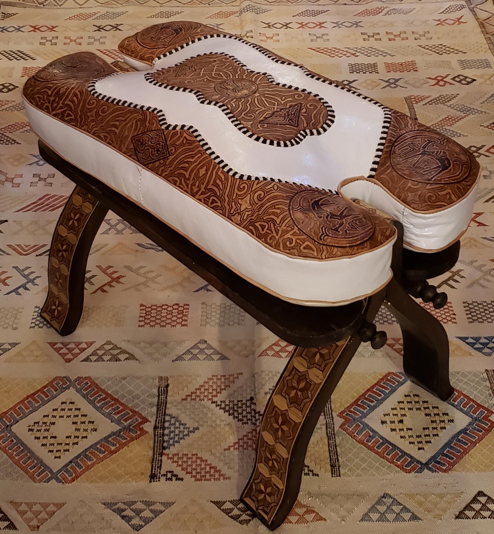 Hand-Crafted Handmade Moroccan Camel Seat, Tan / White Cushion For Sale