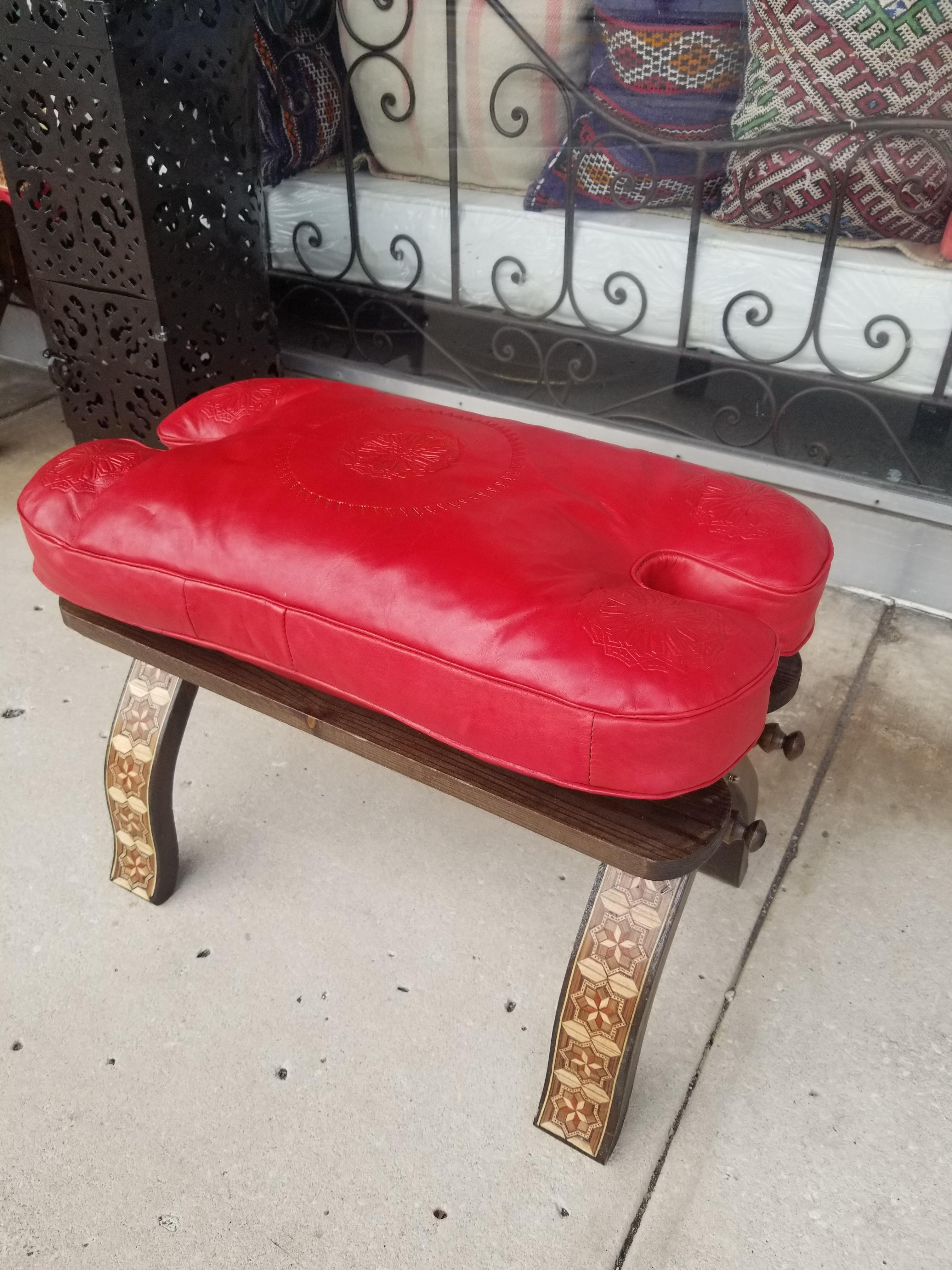 Handmade Moroccan Camel Stool, Red Cushion For Sale 1