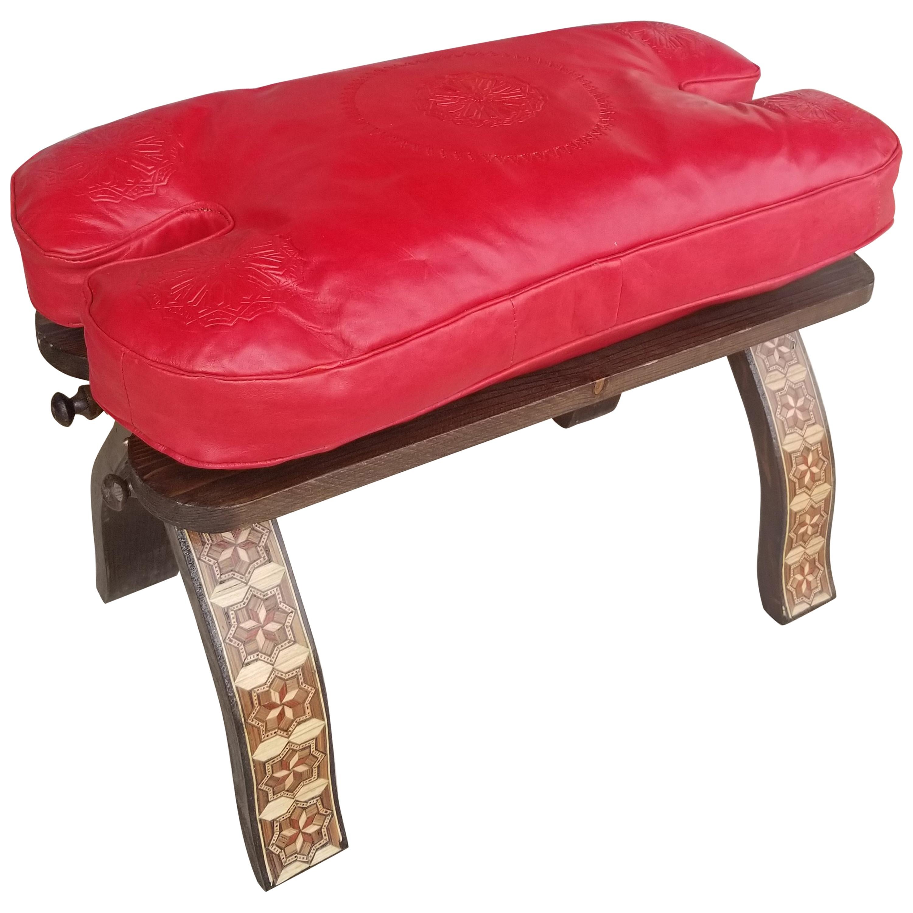 Handmade Moroccan Camel Stool, Red Cushion For Sale