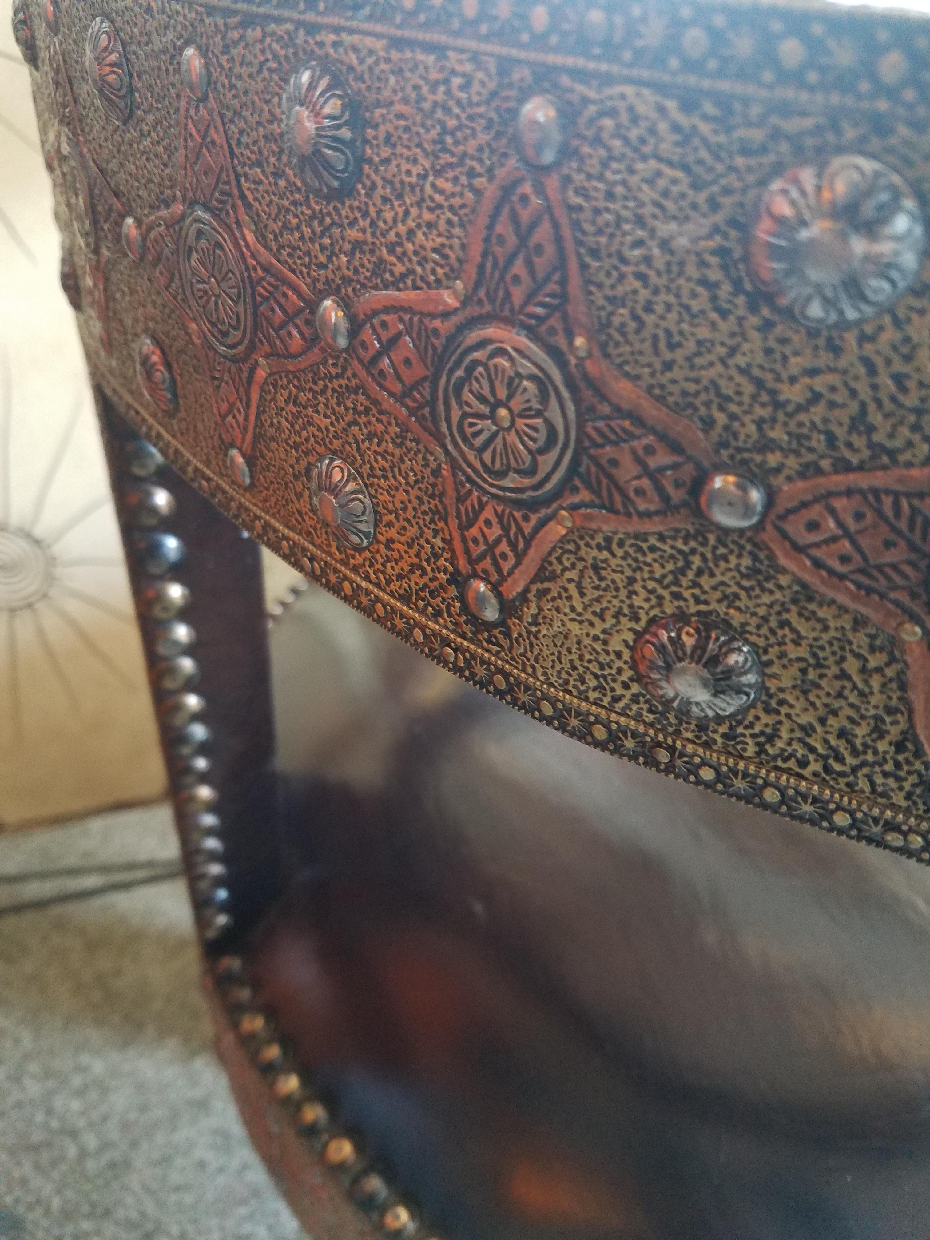 Handmade Moroccan Cedar Wood Chair, Leather Cushion For Sale 2