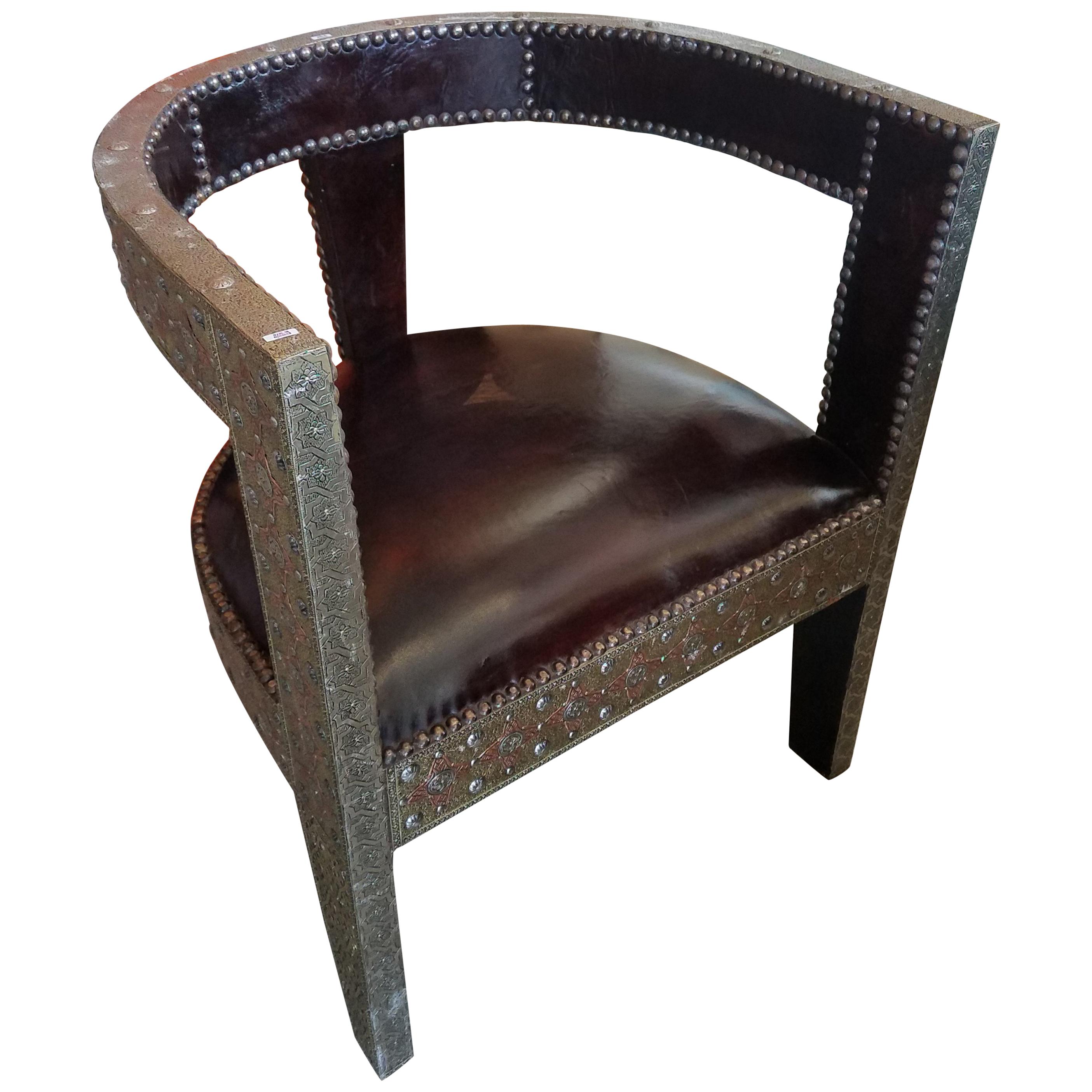 Handmade Moroccan Cedar Wood Chair, Leather Cushion For Sale