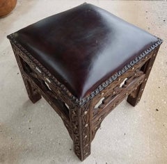 Handmade Moroccan Cedar Wood Stool, Leather Cushion