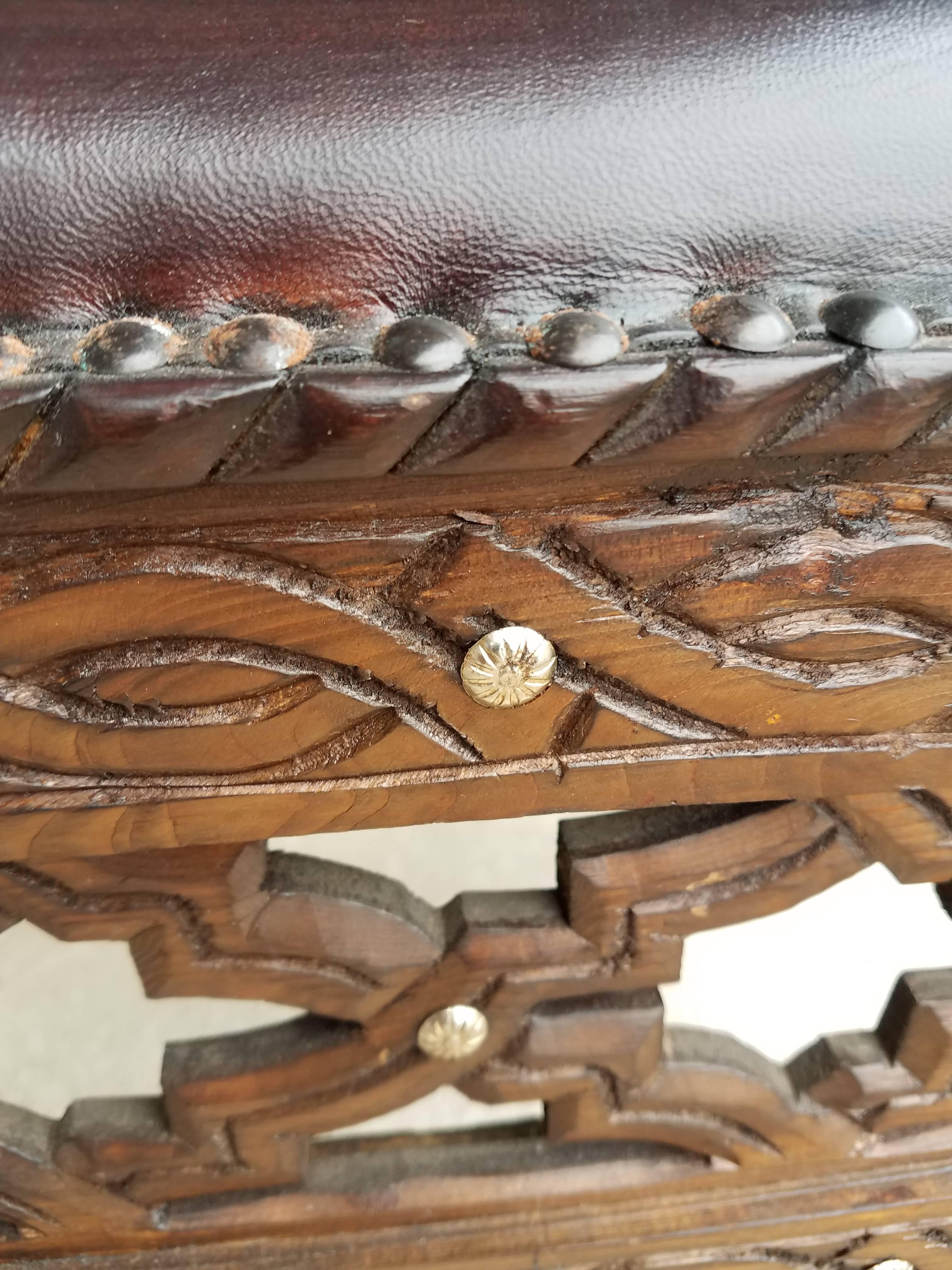 Handmade Moroccan Cedar Wood Stool, Leather Cushion For Sale 1