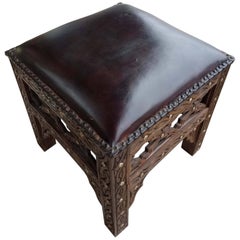 Handmade Moroccan Cedar Wood Stool, Leather Cushion