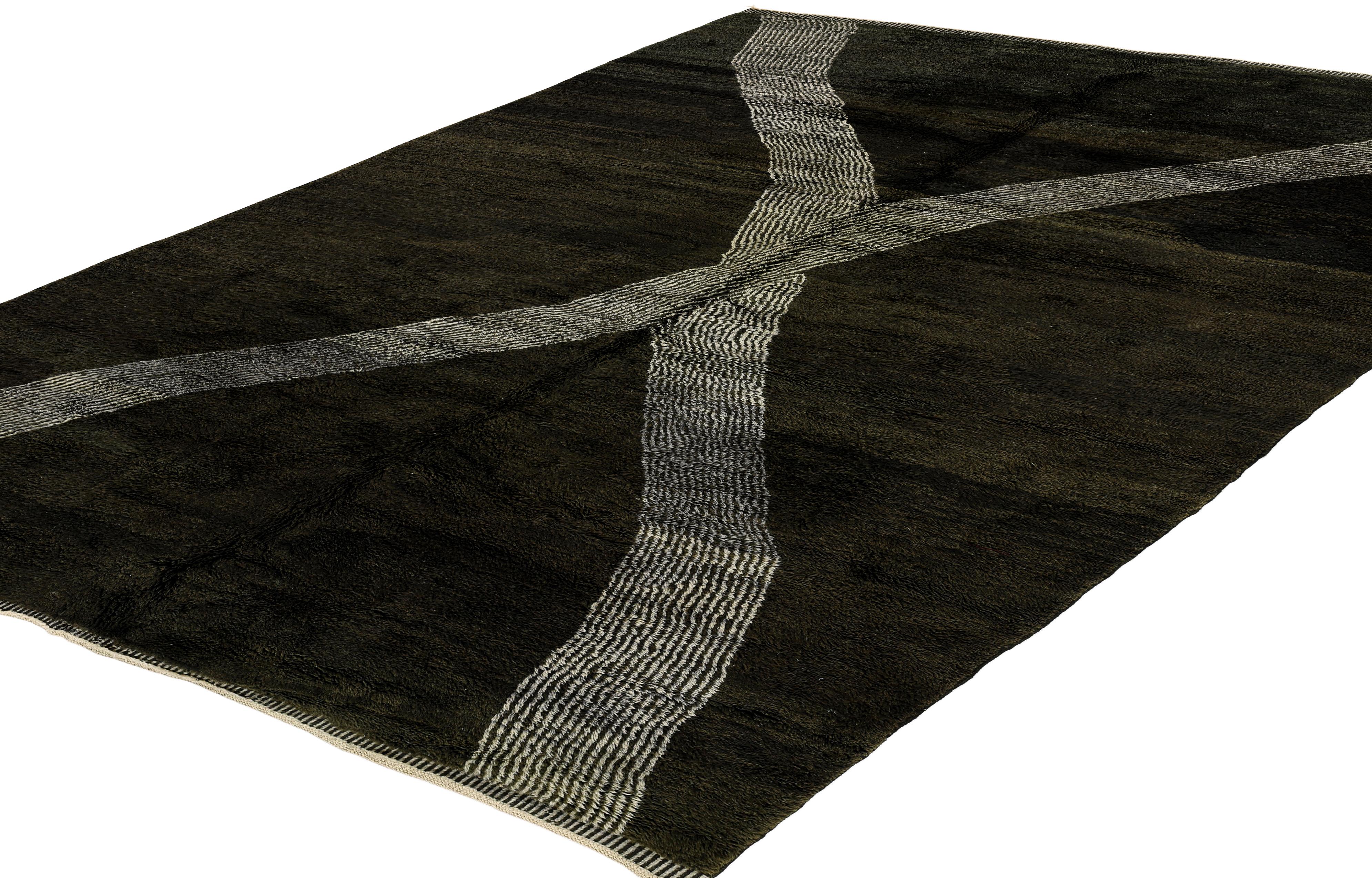 Bohemian Handmade Moroccan Rug with Crisscross Ivory Stripe on Charcoal Wool Ground For Sale