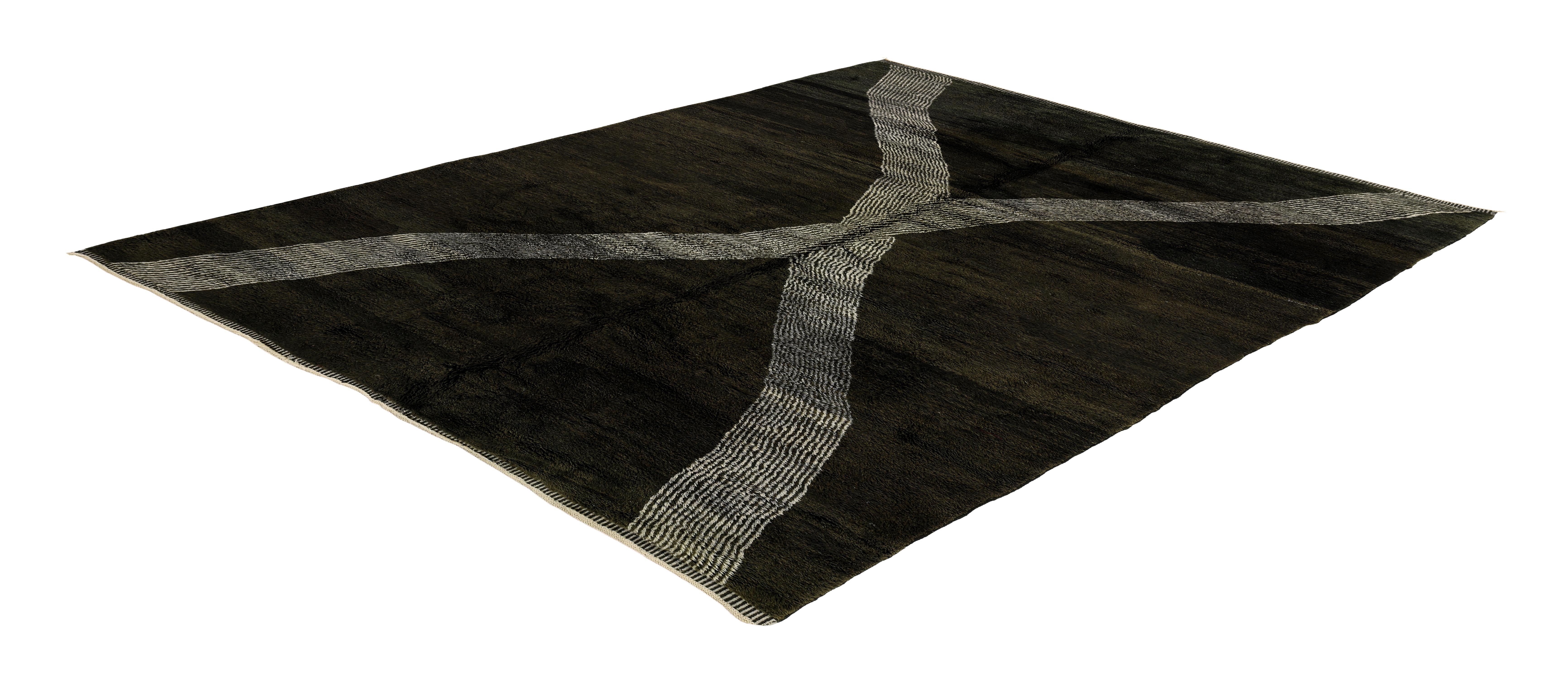 Hand-Knotted Handmade Moroccan Rug with Crisscross Ivory Stripe on Charcoal Wool Ground For Sale