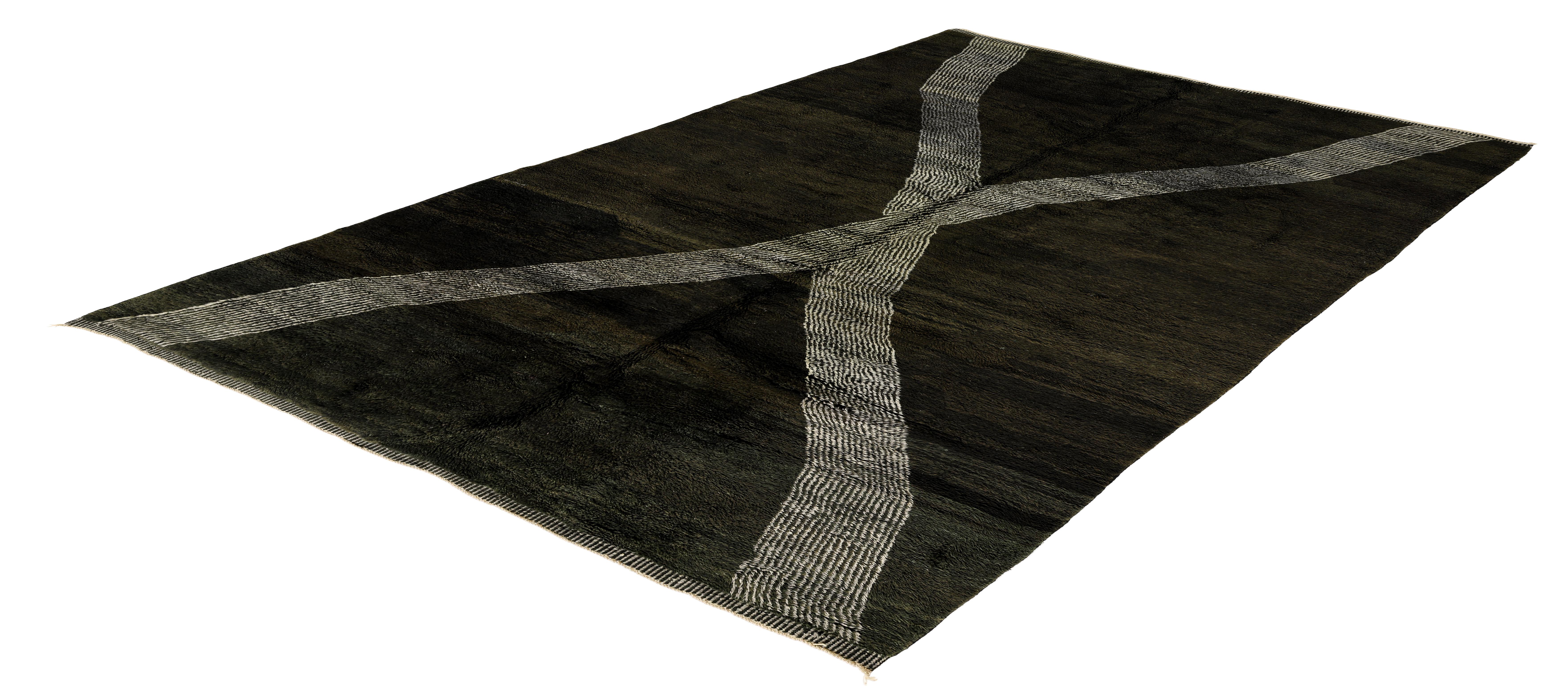 Handmade Moroccan Rug with Crisscross Ivory Stripe on Charcoal Wool Ground In New Condition For Sale In New York, NY