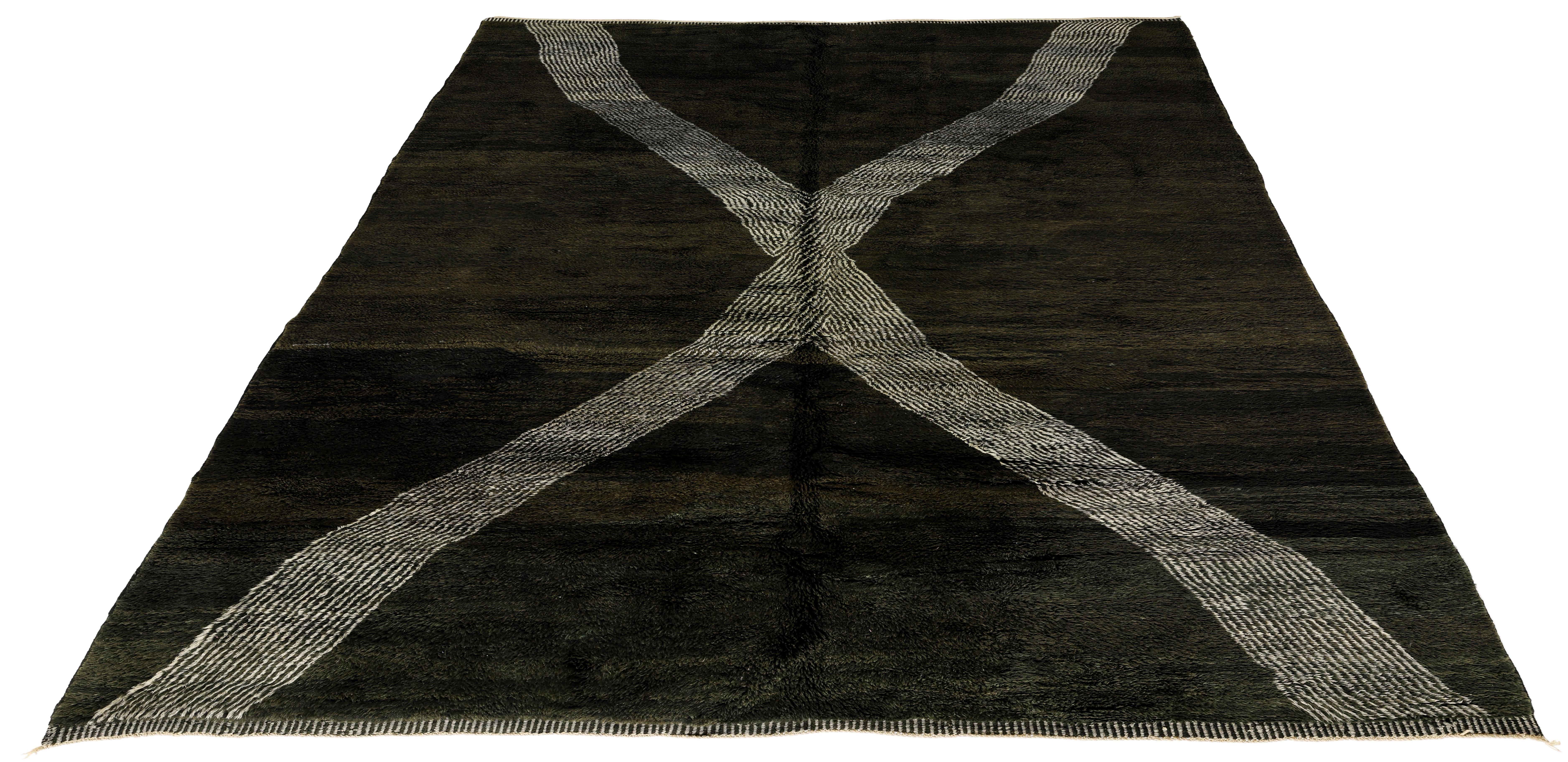 Contemporary Handmade Moroccan Rug with Crisscross Ivory Stripe on Charcoal Wool Ground For Sale