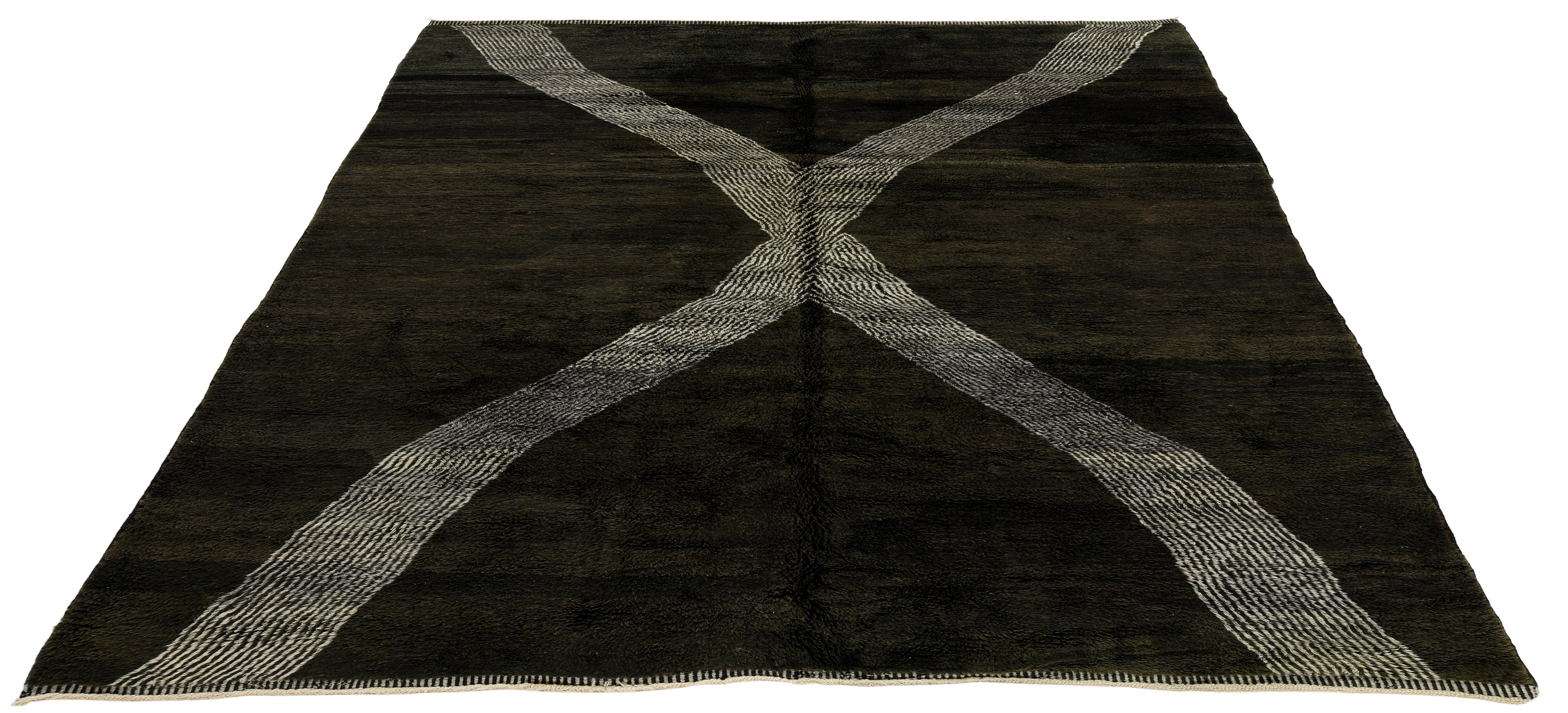 Handmade Moroccan Rug with Crisscross Ivory Stripe on Charcoal Wool Ground For Sale 1