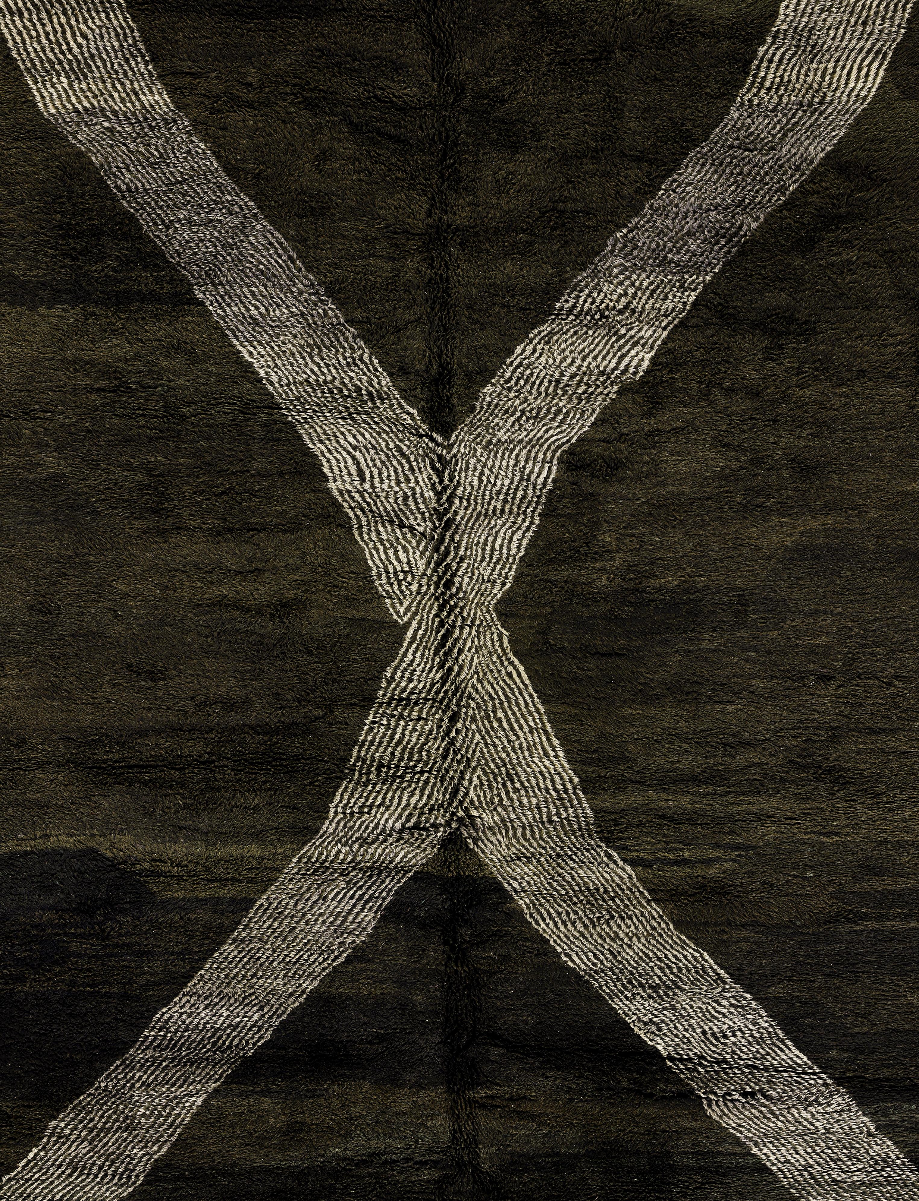 Handmade Moroccan Rug with Crisscross Ivory Stripe on Charcoal Wool Ground For Sale 2